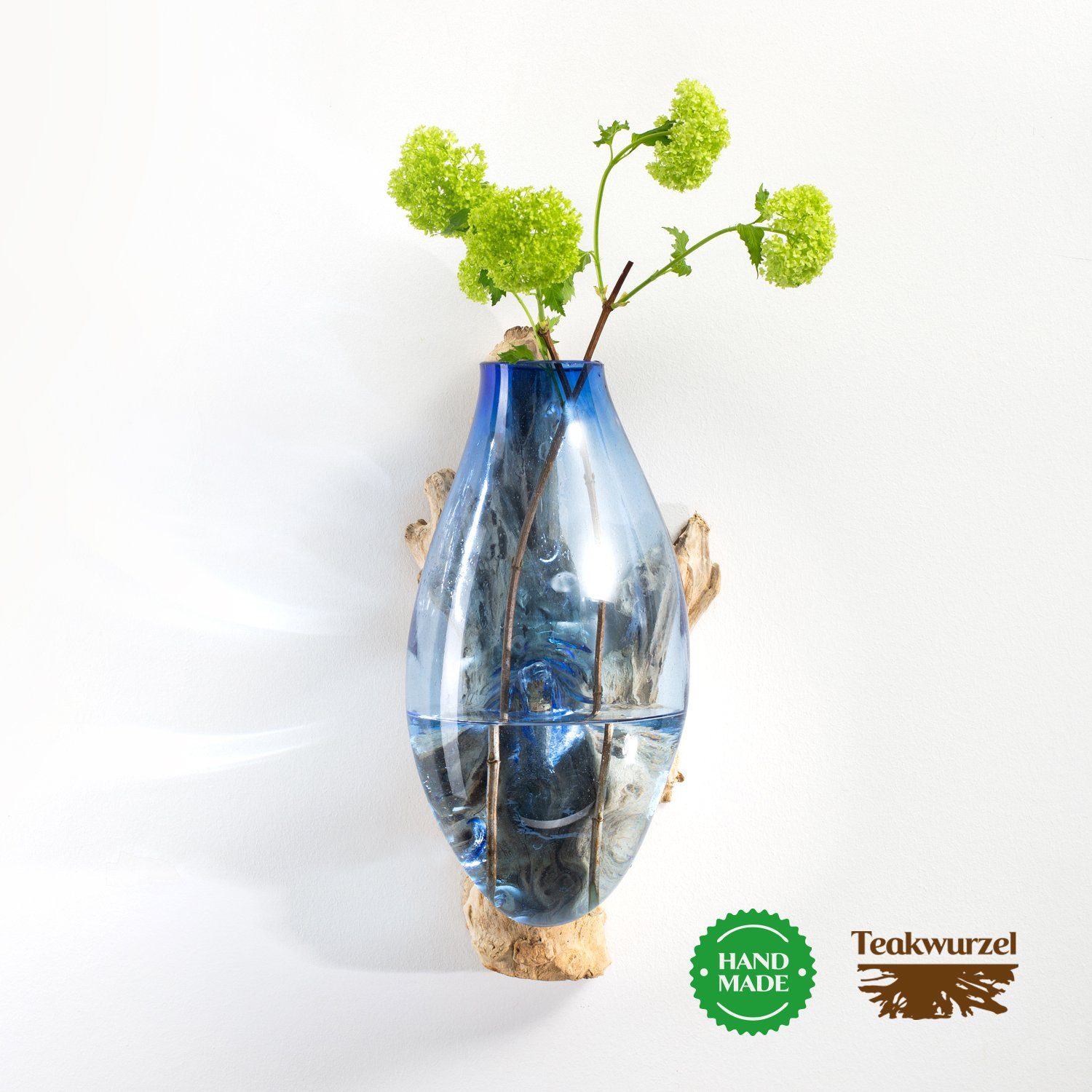 Rikmani Dekovase Deko Wandvase auf Schmelzvase Teakholzwurzel Blau Glas aus Designer DULCIA, Geschenk aus Glas Kombination Moderne Glas Holz Wanddekoration Blumenvase aus und Vase