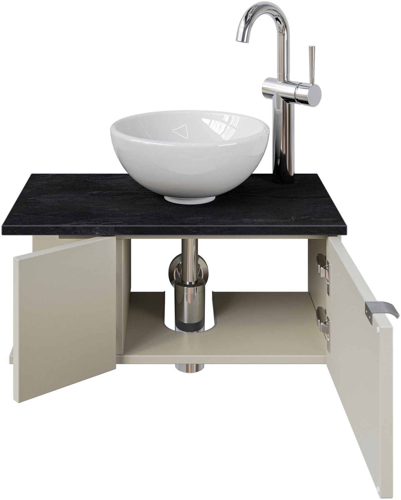 Saphir Waschtisch Serie 6915 Waschschale mit Unterschrank für Gästebad, Gäste WC (3-St., Keramik-Aufsatzbecken, Waschtischplatte, Waschtischunterschrank), 61 cm mit Keramik-Aufsatzbecken, 2 Türen und 1 Fach