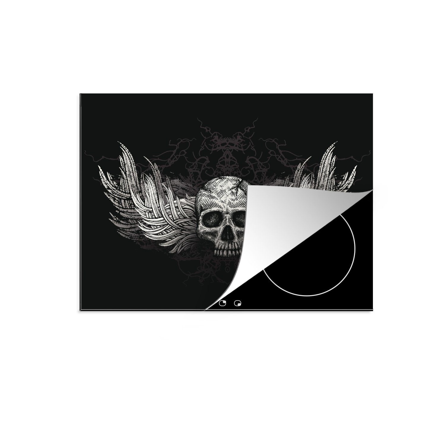 MuchoWow Herdblende-/Abdeckplatte Eine Illustration eines geflügelten Schädels, Vinyl, (1 tlg), 70x52 cm, Mobile Arbeitsfläche nutzbar, Ceranfeldabdeckung