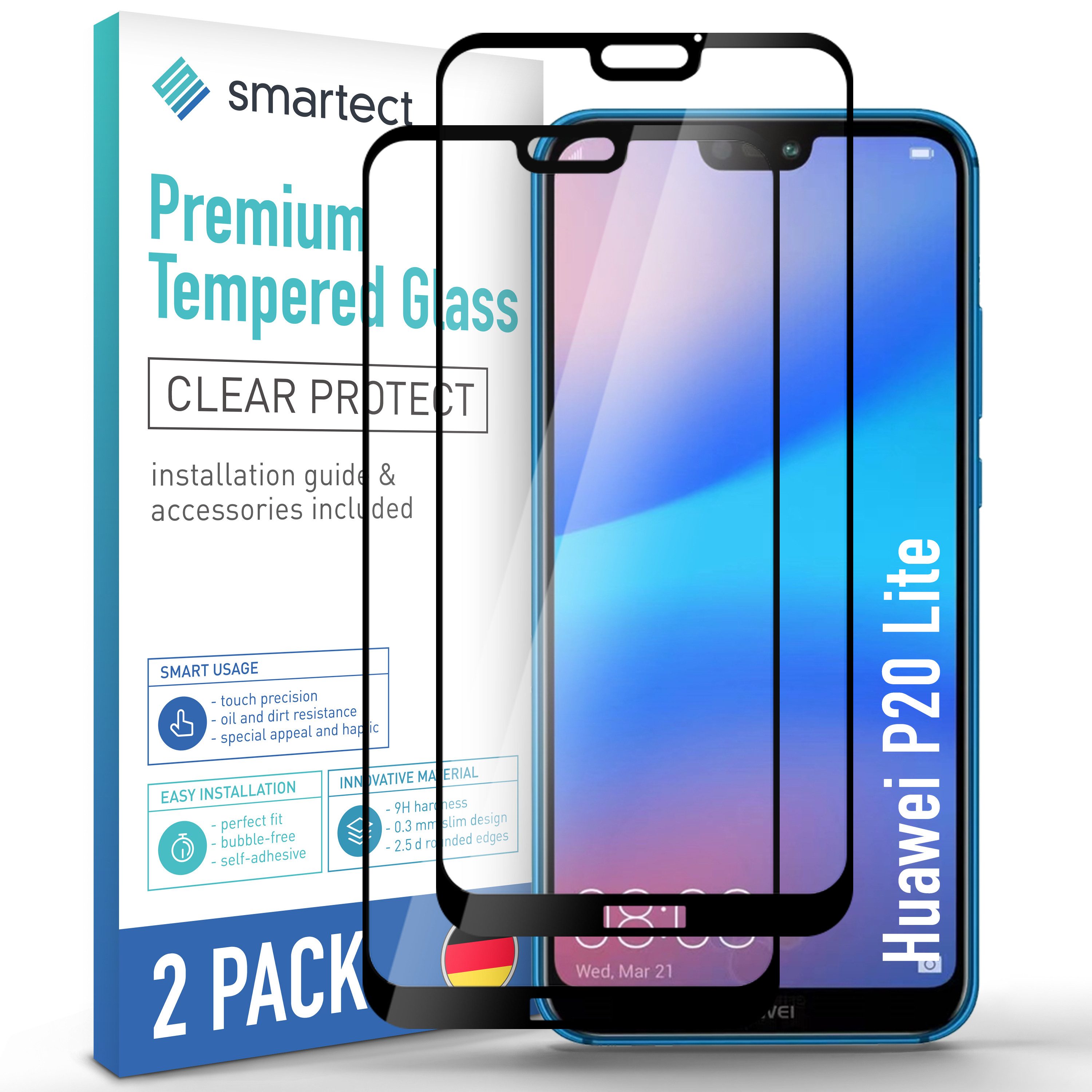 smartect Displayschutzglas 2X Schutzglas Panzerfolie Klar für Huawei P20 Lite für Huawei P20 Lite, Set, 2 Stück, 0.3 mm Ultra-klar, 9H Härte, Kratzfest, Stoßfest, Blasenfrei, Oleophob