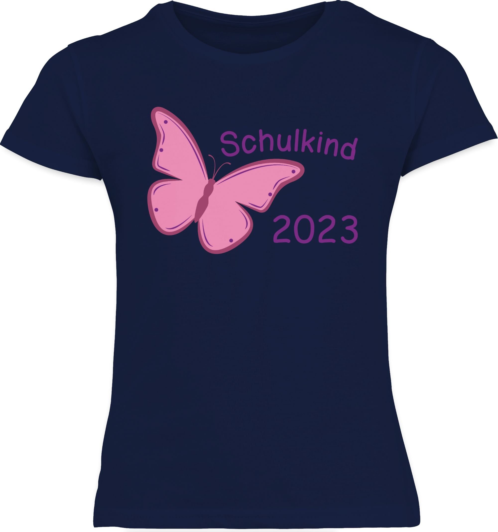 Shirtracer T-Shirt Einschulung 2023 Schmetterling Dunkelblau Schulkind 2 Mädchen