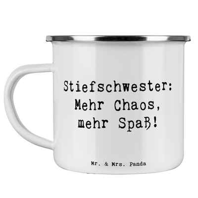 Mr. & Mrs. Panda Becher Mehr Chaos Spaß - Weiß - Geschenk, Campingtasse, Edelstahl Trinkbeche, Emaille, Liebevolles Design