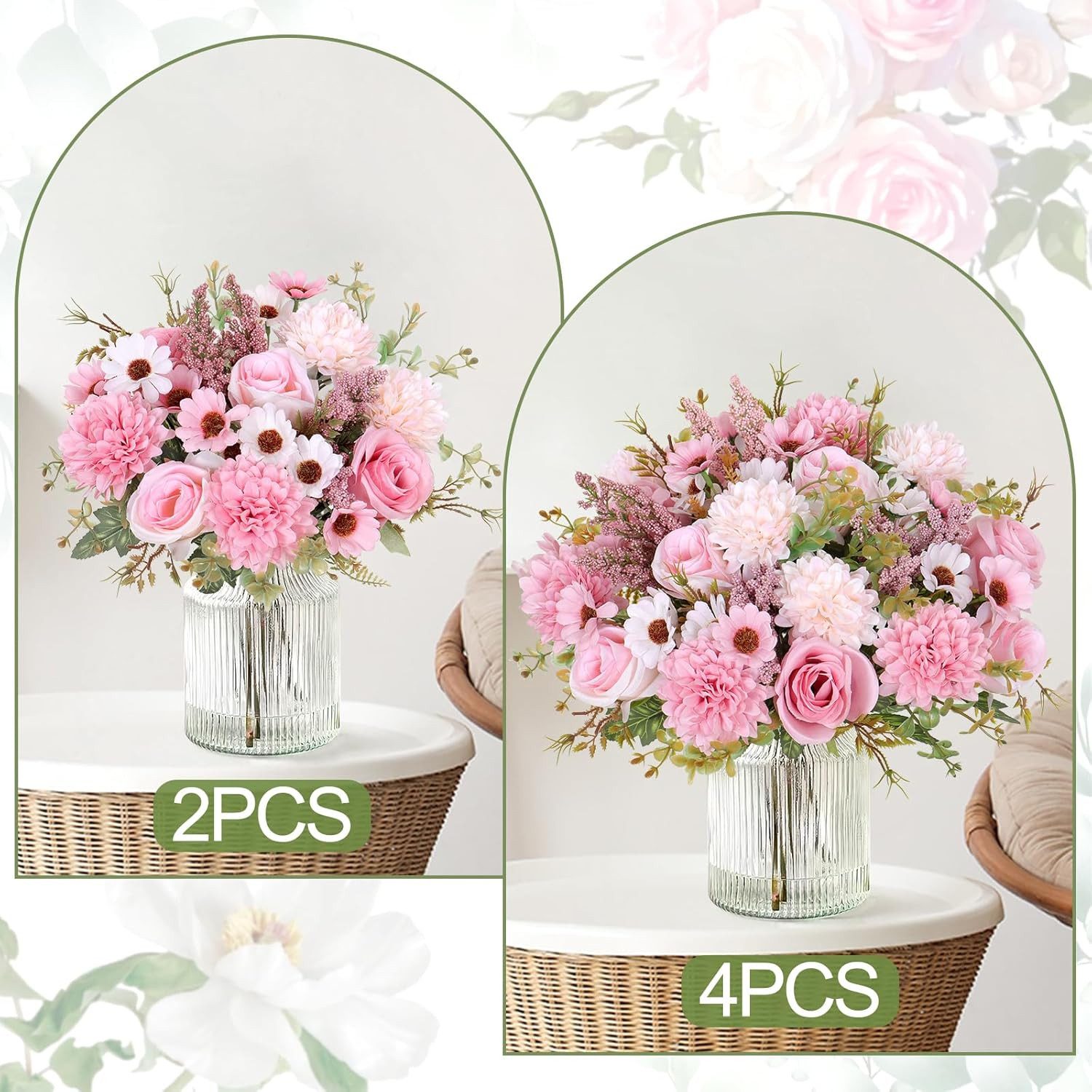 Kunstblumenstrauß Künstliche Rosenblumen 2er-Set – Seidenblumenstrauß für Dekoration, FOUORTUNATE-BEE, Perfekt für Hochzeit, Party oder Heimdekoration in Rosa – Bild 3 von 5