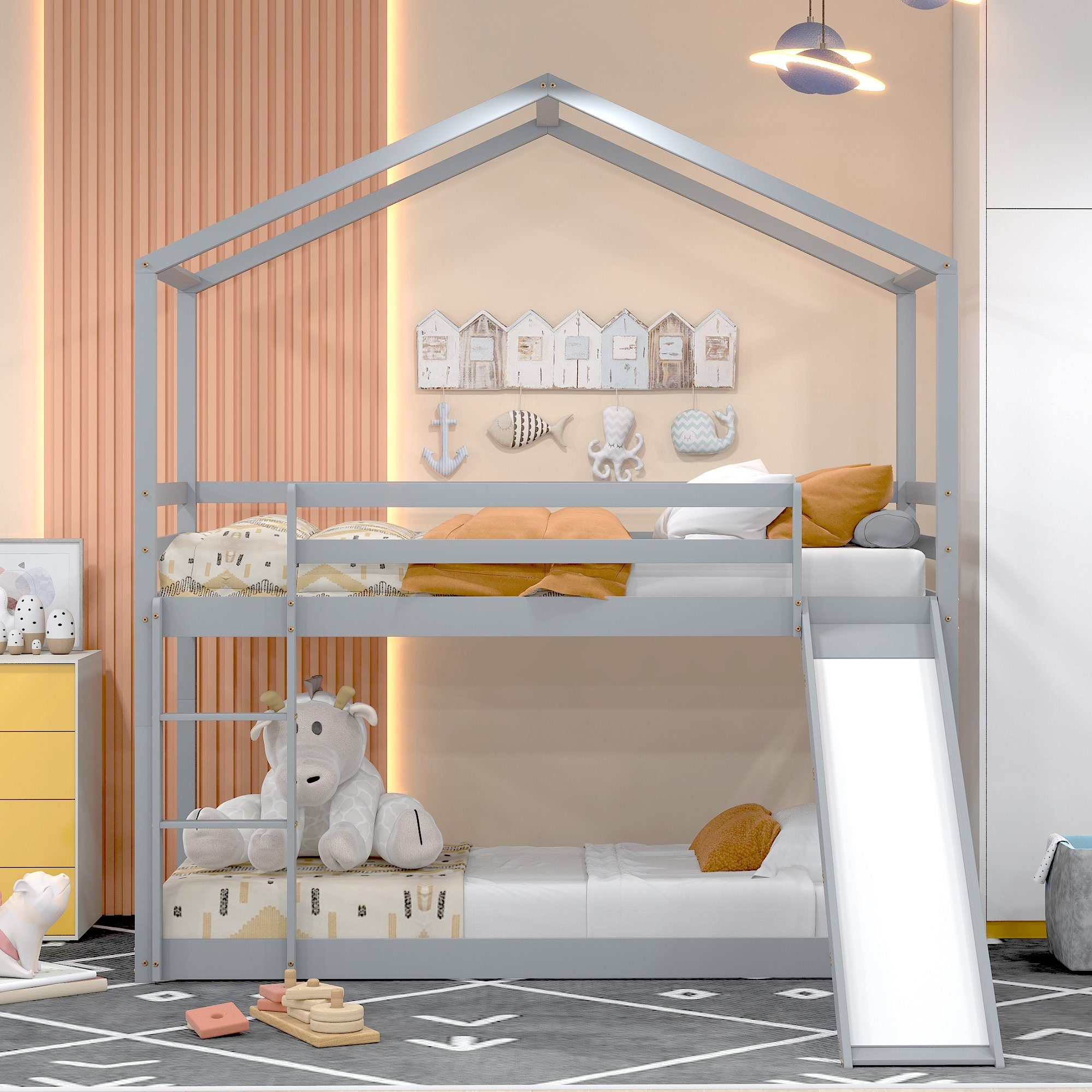 BlingBin Etagenbett Kinderbett Hausbett (1-St., Massivholz-Etagenbettrahmen mit Lattenrost, 90×200CM), mit Rutsche, Kann in ein Einzelbett umgewandelt werden Grau