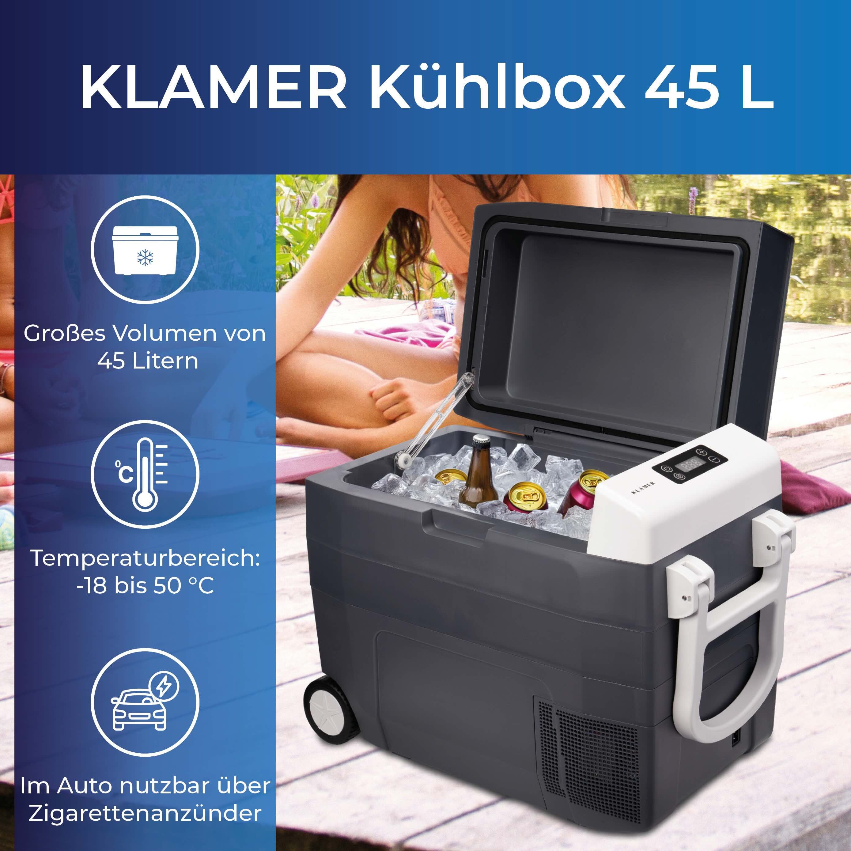 KLAMER Elektrische Kühlbox Elektrische Kühlbox XXL 45 L Mit Kompressor, Kühl- und Warmhaltefunkt…, Kühlt stark, Intuitive Bedienung, 2 Kammern, Einfacher Transport