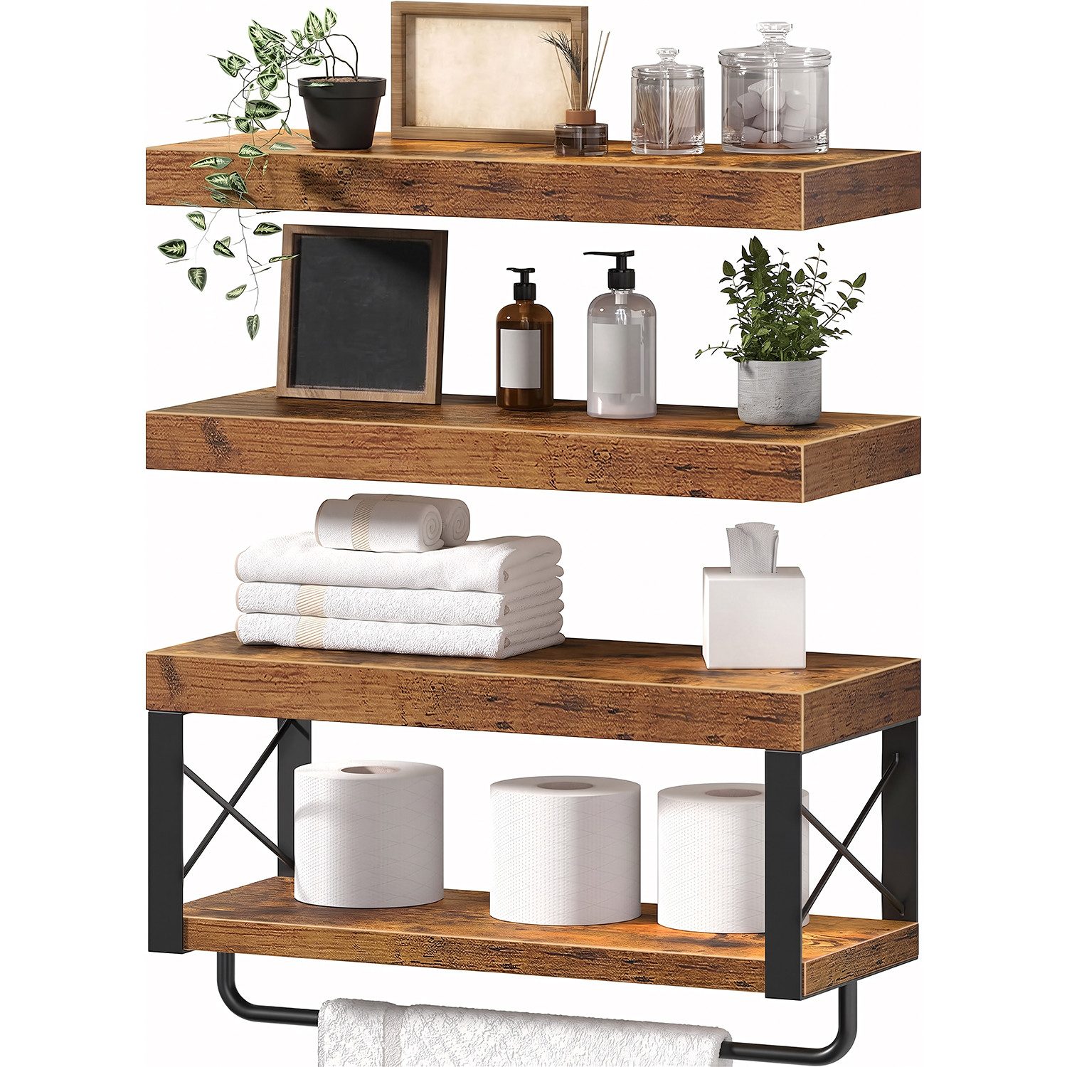 HEYHIPPO Wandregal Wandregal – 39,9×15 cm, 2 Ablagen aus Holz, Metall, für Bad & Küche, Set, Mit Handtuchstange,belastbar bis11,3 kg, X-Verstärkung, Retro-Design