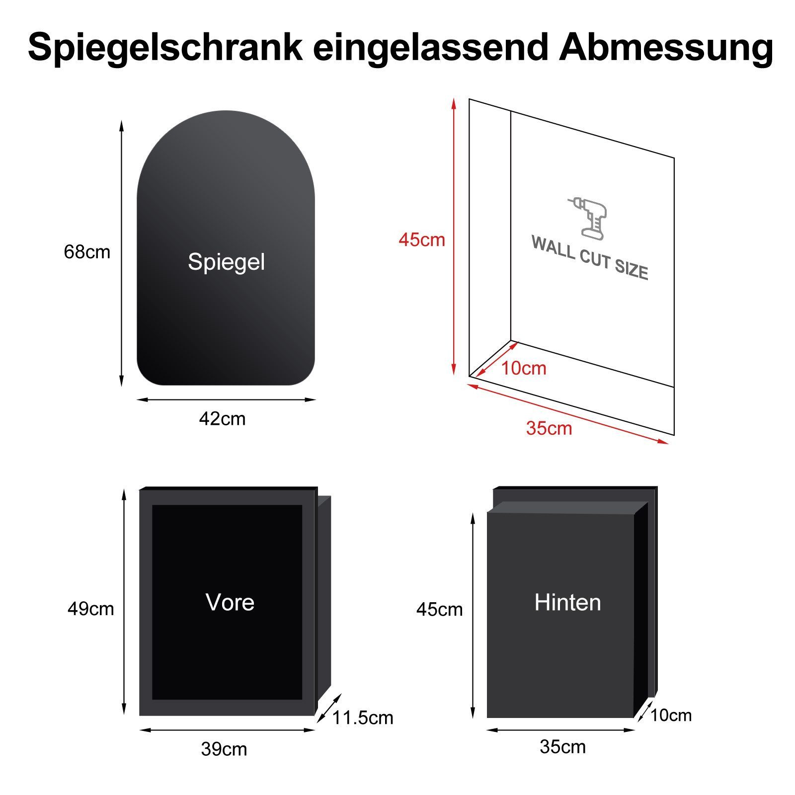 radelldar Spiegelschrank Badschrank, Hängeschrank mit Spiegel Wandschrank (1-St) Badezimmerschrank mit LED-Beleuchtung, 42x68 cm