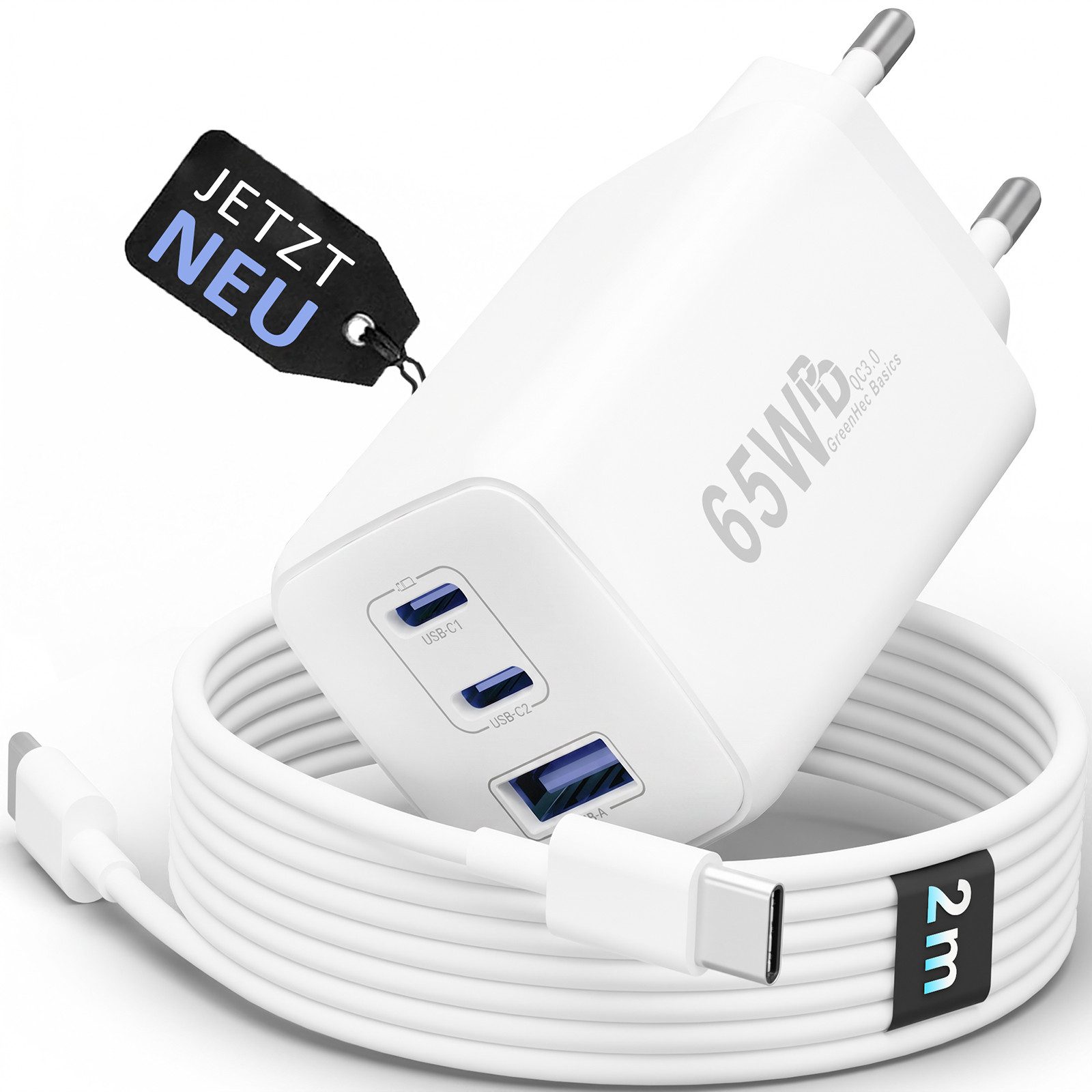 GreenHec 65w USB-C Ladegerät 3-Port Mehrfach Schnellladegerät GAN Netzteil Schnelllade-Gerät (50 mA, Spar-Set, Universelle Kompatibilität, + Ladekabel Fast Charger Adapter Macbook Ladestation Type C + USB-AA)