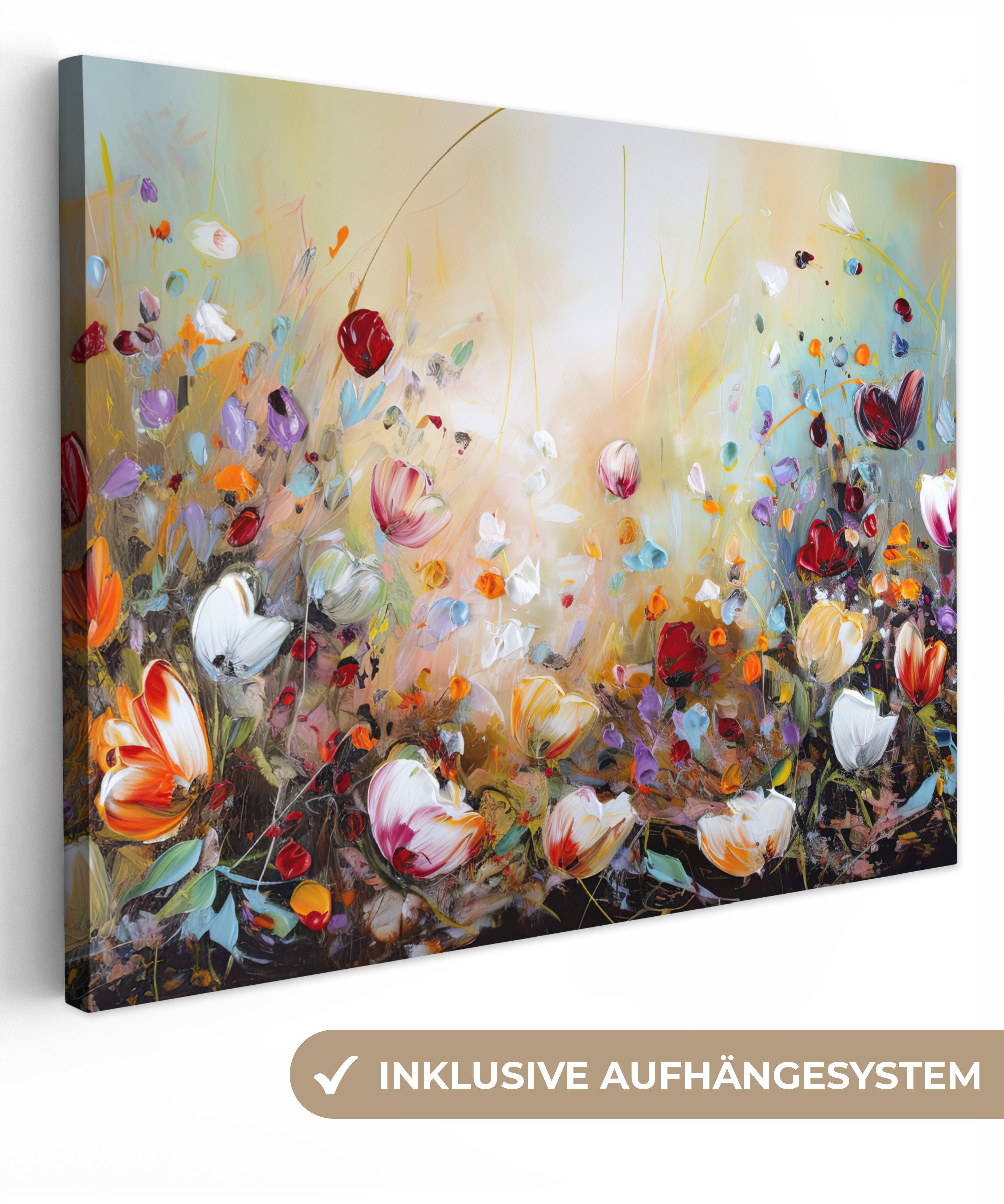 OneMillionCanvasses® Leinwandbild Ölfarben - Blumen - Farbenfroh - Natur, Fotodruck (1 St), Wandbild Leinwandbilder, Aufhängefertig, Wanddeko 40x30 cm