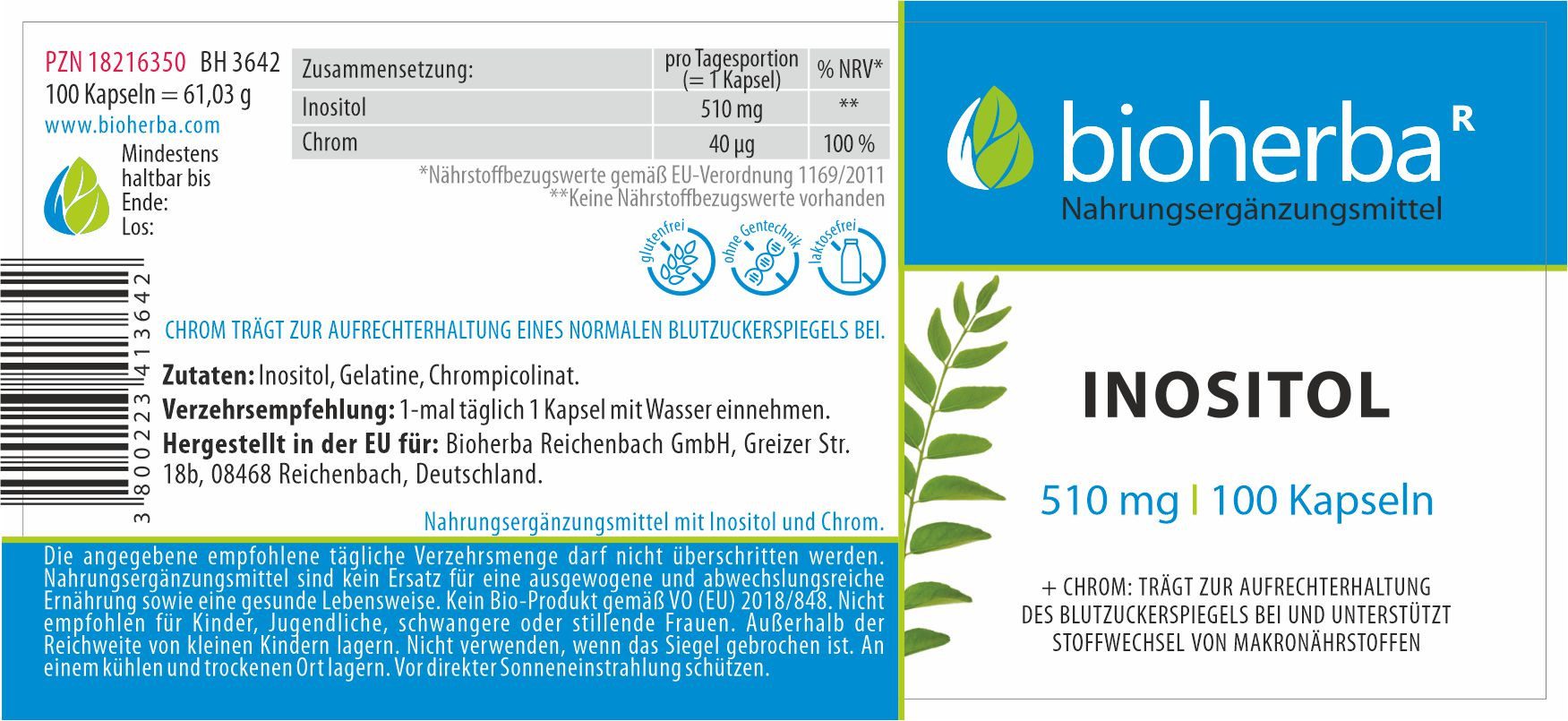 BIOHERBA R Bioherba Inositol 510 mg 100 Kapseln Nahrungsergänzungsmittel, 1 er