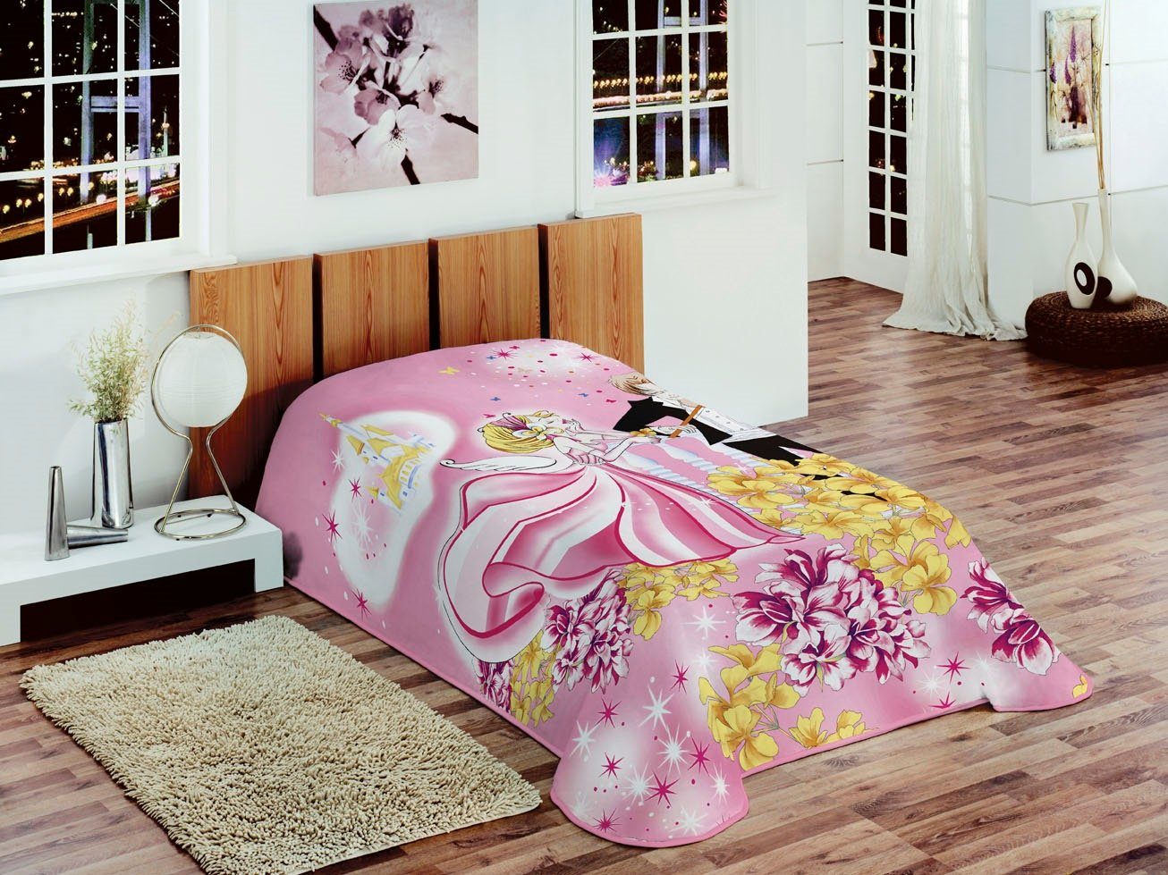 Tagesdecke Decke Kinderdecke Spieldecke Kuscheldecke Wohndecke Prinzessin Rosa Pink Gelb Weiß, Teppich-Traum