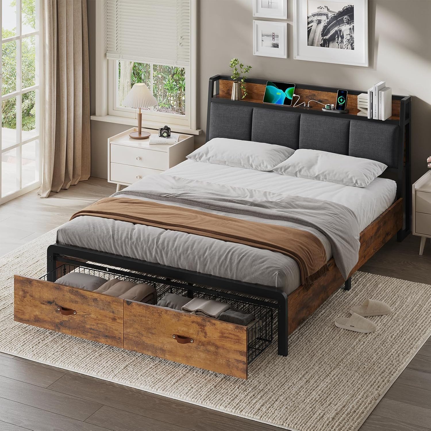 KIMENICH Metallbett Bettgestell mit Ladestation und 2 Schubladen, Jugendbett (1-tlg., Ohne Matratze), 160x200cm, Schwarz+Vintage Braun – Bild 3 von 5