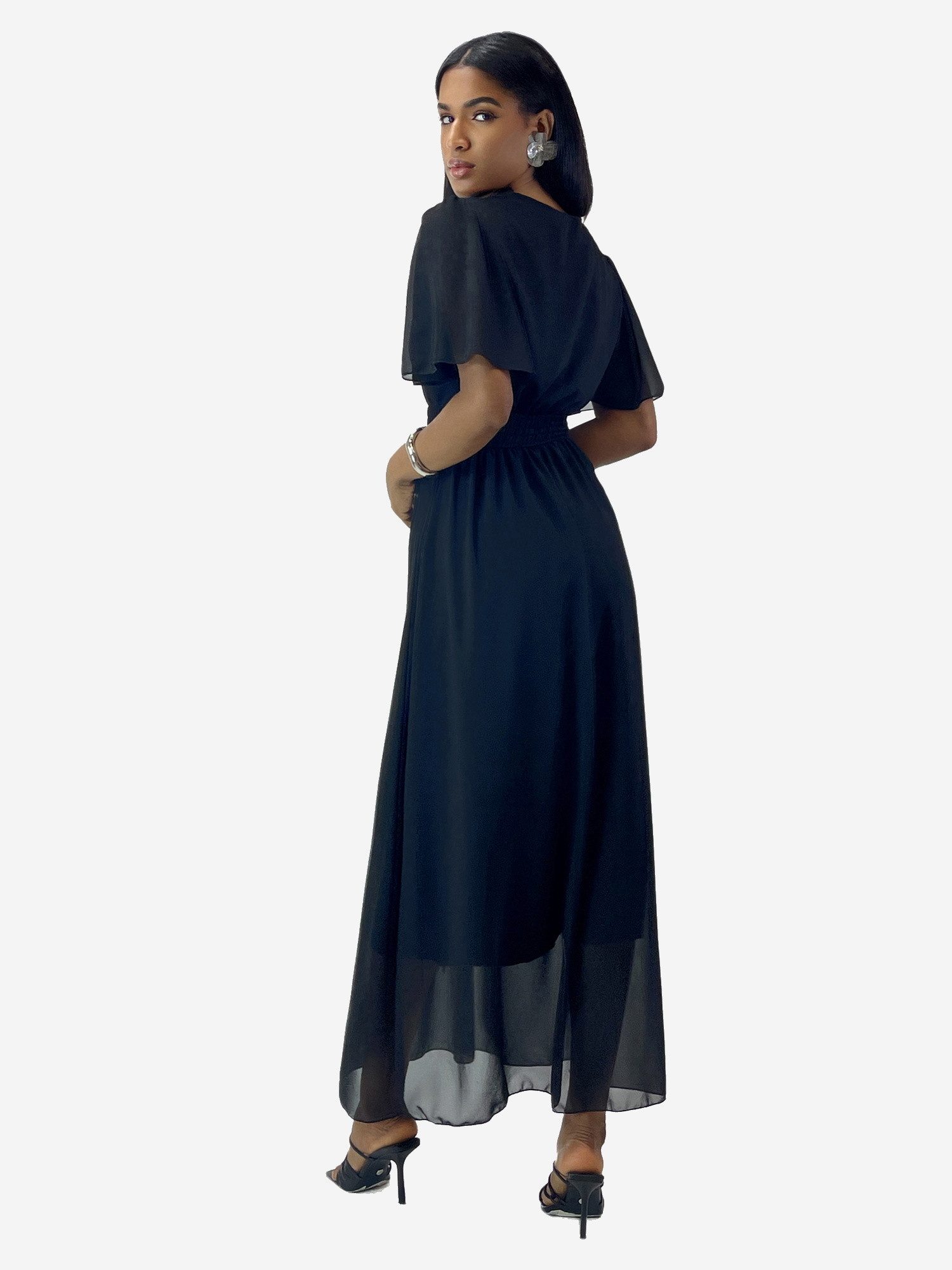 Elara Maxikleid Damen Maxikleid mit V-Ausschnitt, Flügelärmeln und gesmokter Taille (1-tlg)