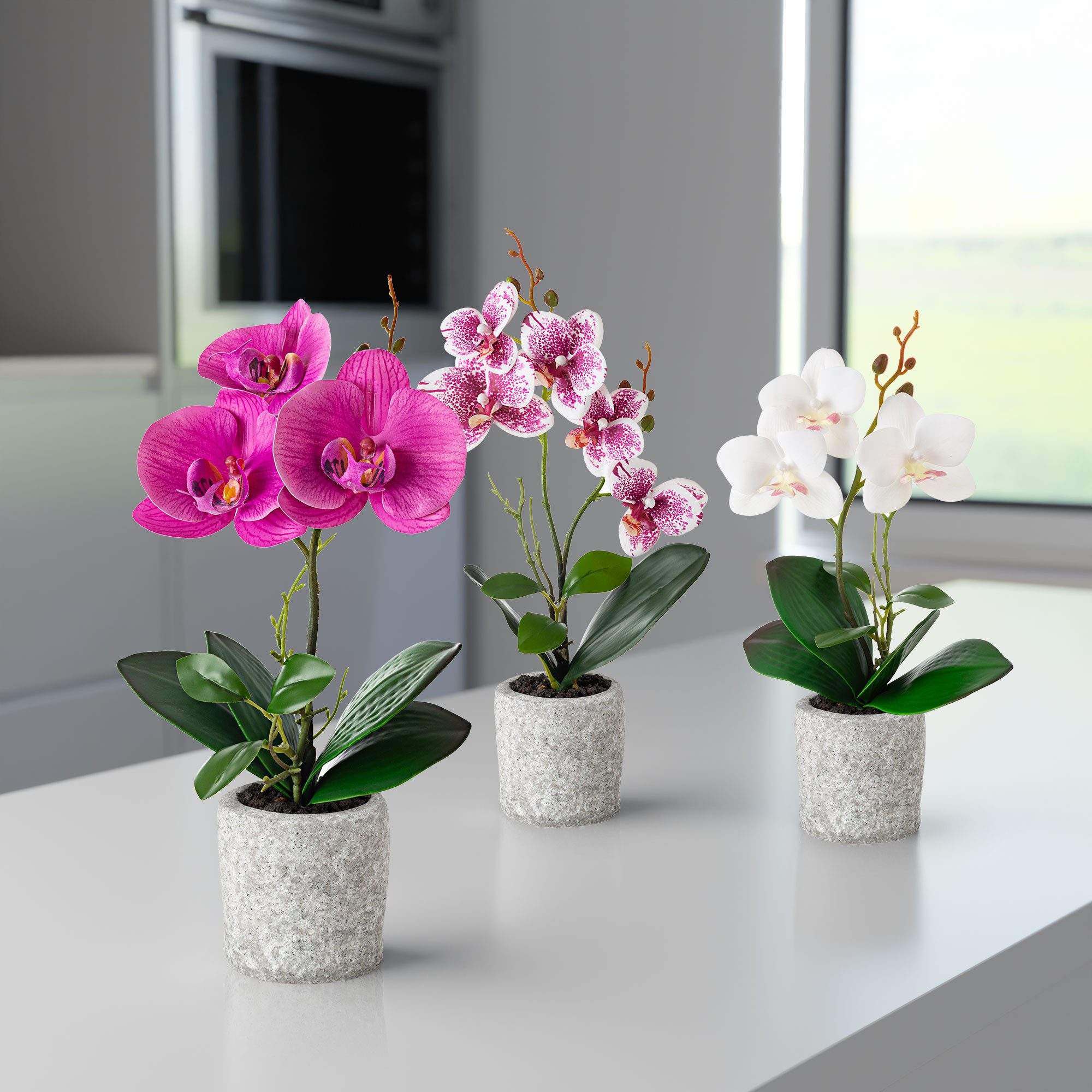 Kunstorchidee 3er Set künstliche Orchideen wie echt (35cm) in Hochglanz-Keramiktopf Orchidee, PASCH