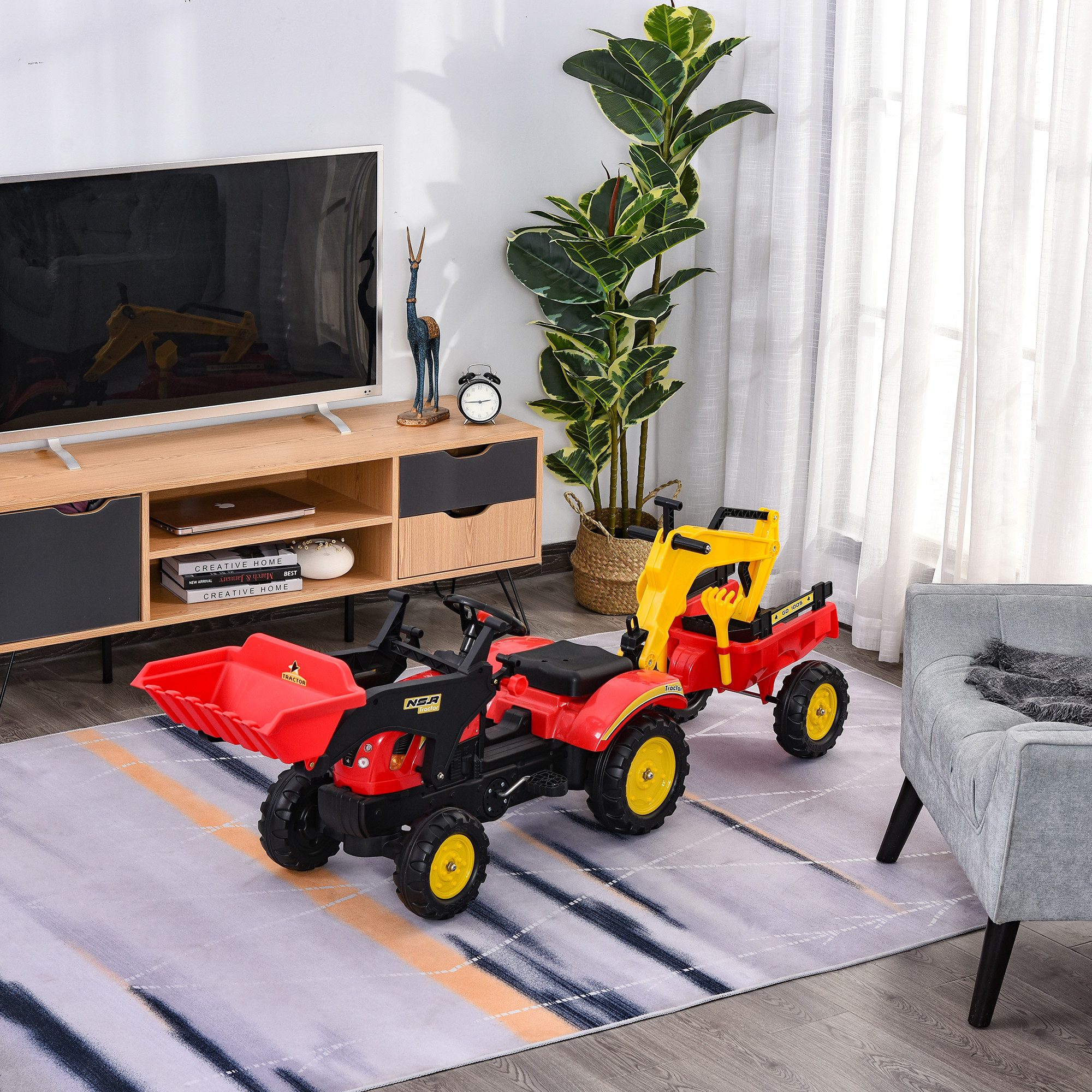 HOMCOM Rutscher Trettraktor mit Anhänger Tretbagger, (Kinderfahrzeug, 1-tlg., Kindertrettraktoren), Stahl Kunststoff Rot 179 x 42 x 59 cm