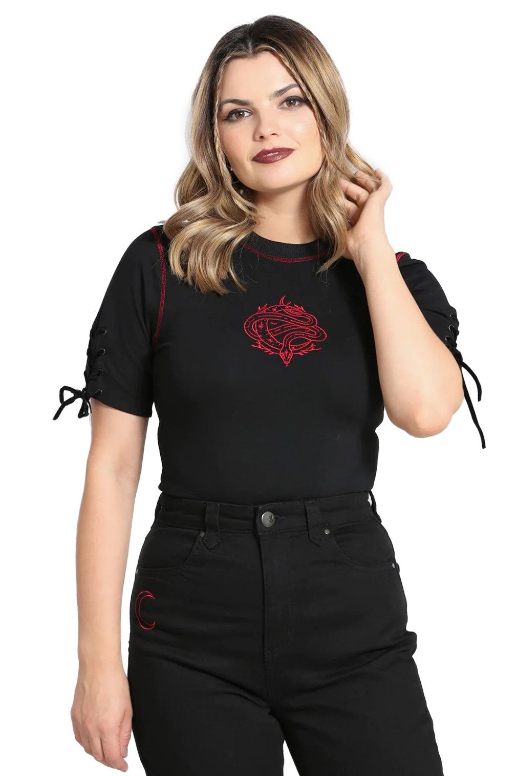 Hell Bunny Shirttop Tallulah Schwarz Gothic Shirt Schlange Mondsichel Oberteil