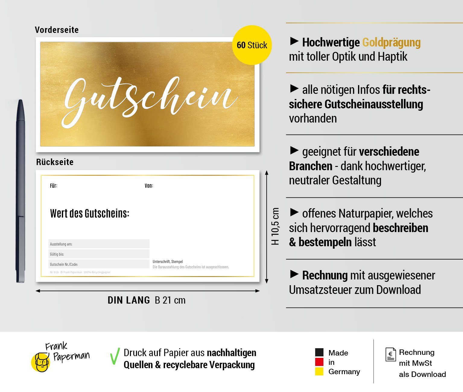 Terminkarten, Frank & Gutscheine Paperman Goldfolienprägung, 100 Recyclingpapier Geschenkkarte Stempelfeld, %