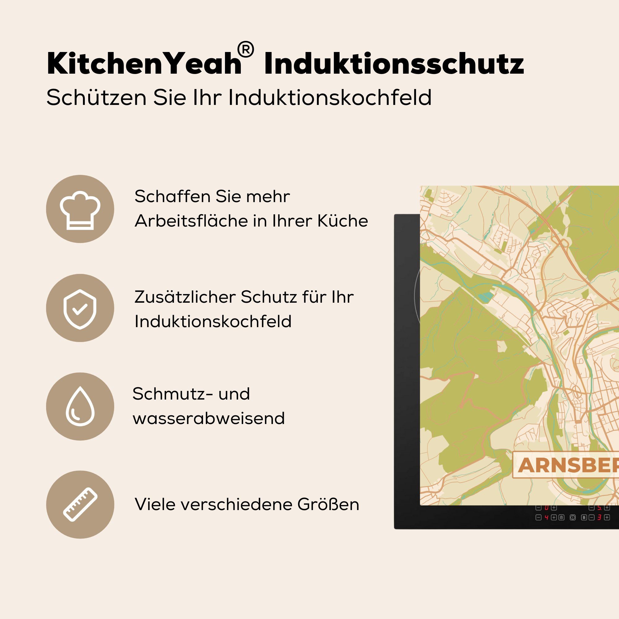 - für - Stadtplan, Ceranfeldabdeckung, (1 MuchoWow tlg), Arnsberg cm, Herdblende-/Abdeckplatte - 78x78 - Arbeitsplatte Karte Vinyl, Karte Vintage küche