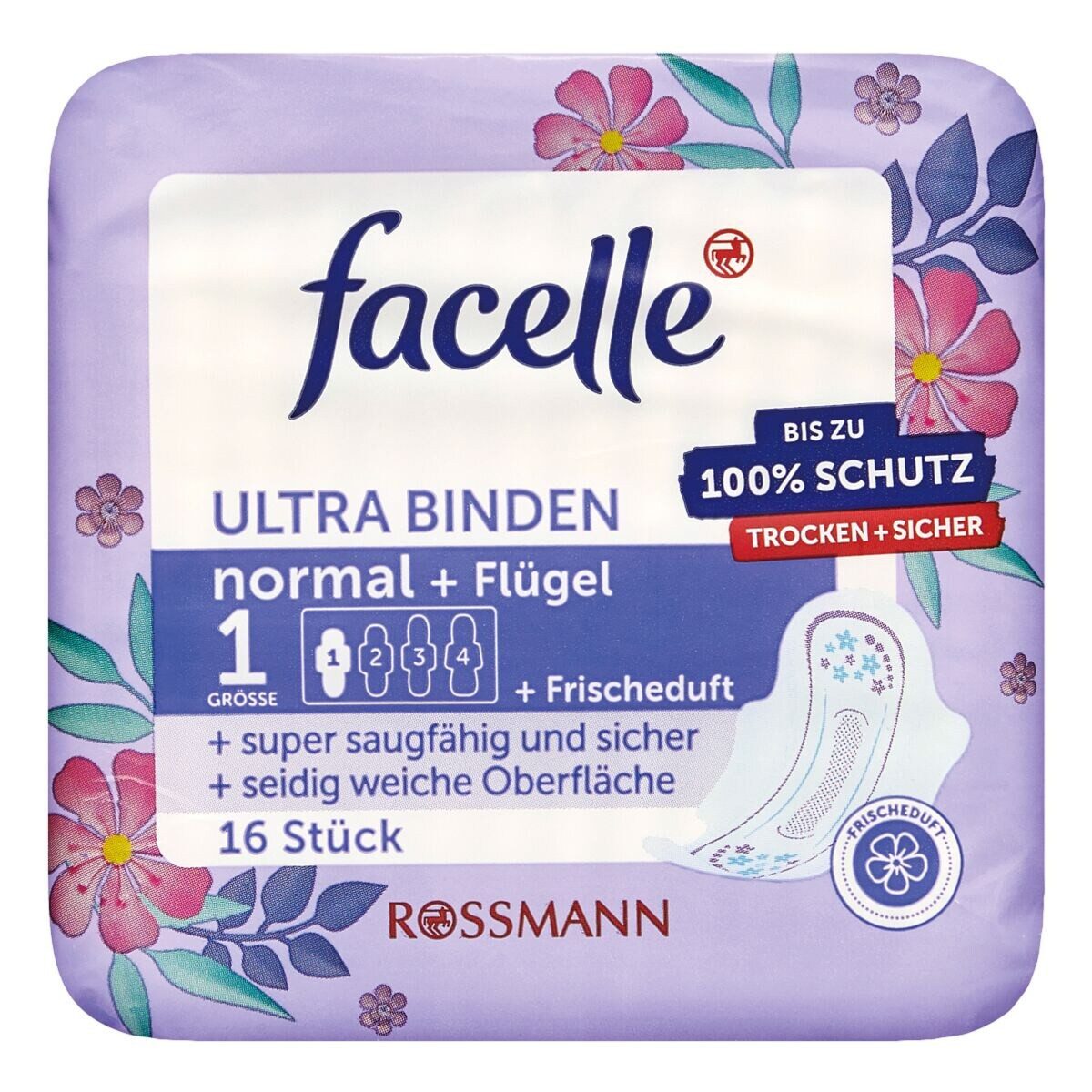 facelle Binden Ultra Binden normal + Flügel + Frischeduft, 1 von 4 Gr., 16 Stück