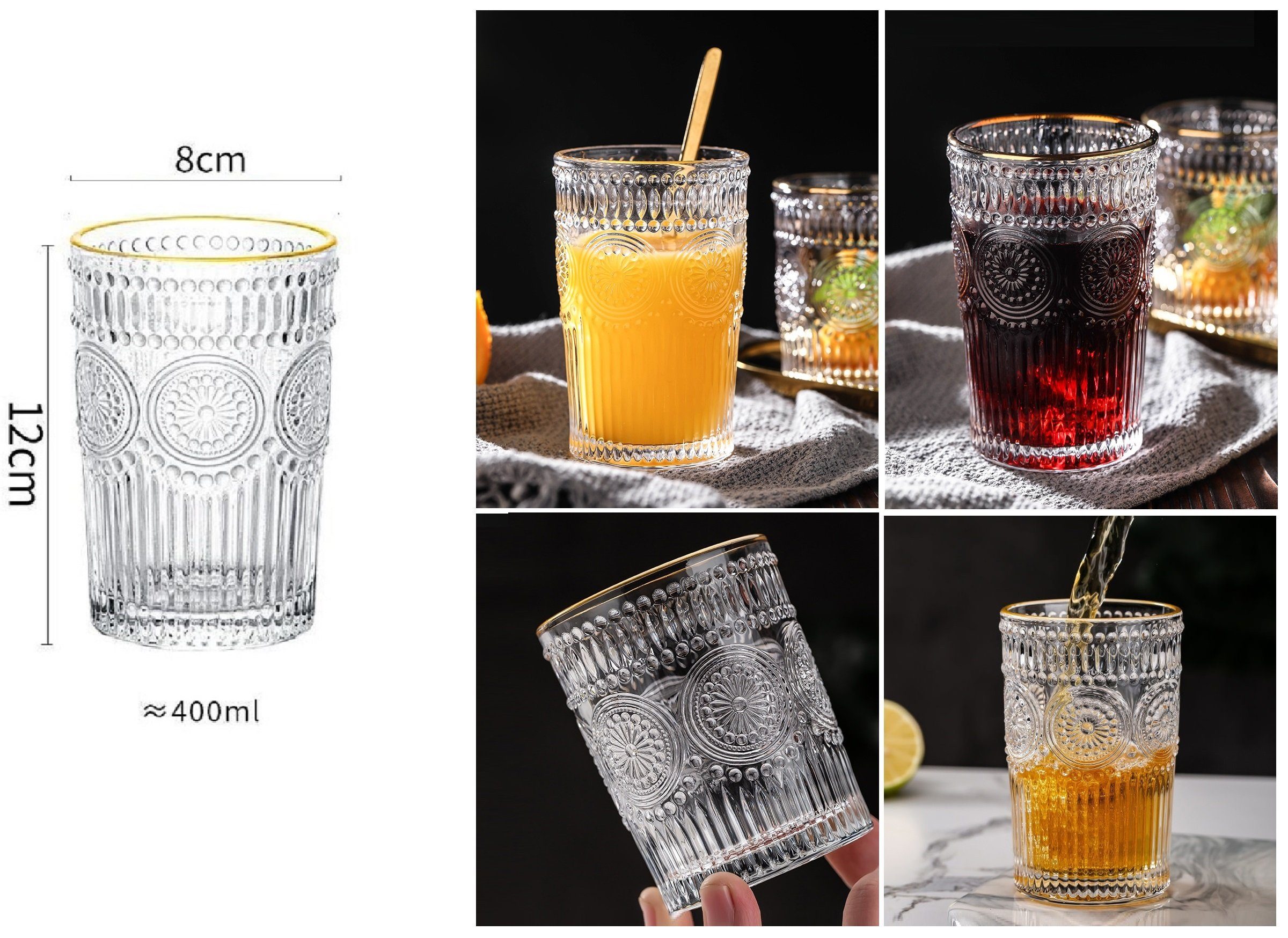 Rungassi Gläser-Set 2 x Trinkglas Gläserset 400ml H 12cm Wasser, Cocktail, Whisky-Gläser, Glas