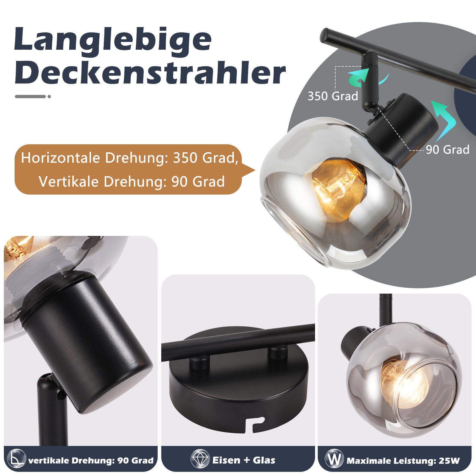 Nettlife Deckenstrahler Küchenlampe 2/3/4/6 Flammig Modern E14 Rauchglas Deckenleuchte, Schwenkbar, LED wechselbar, Wohnzimmerlampe für Schlafzimmer Flur Küche – Bild 4 von 5