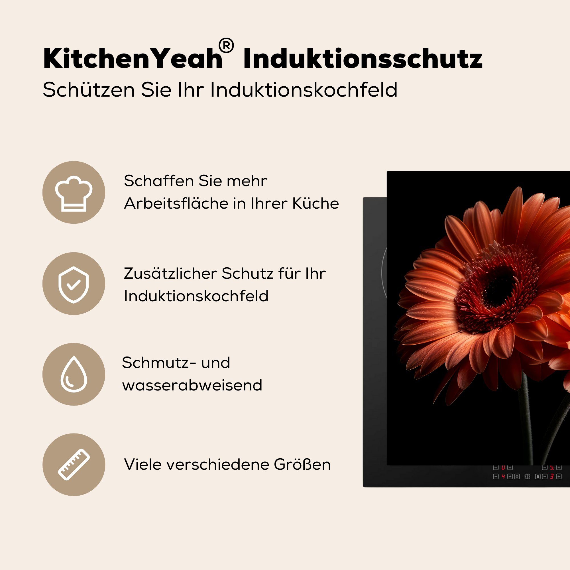 MuchoWow Herdblende-/Abdeckplatte Blumen - Botanisch - Orange Schwarz, cm, (1 60x52 tlg), Mobile Gerbera - - Arbeitsfläche Vinyl, nutzbar, Ceranfeldabdeckung