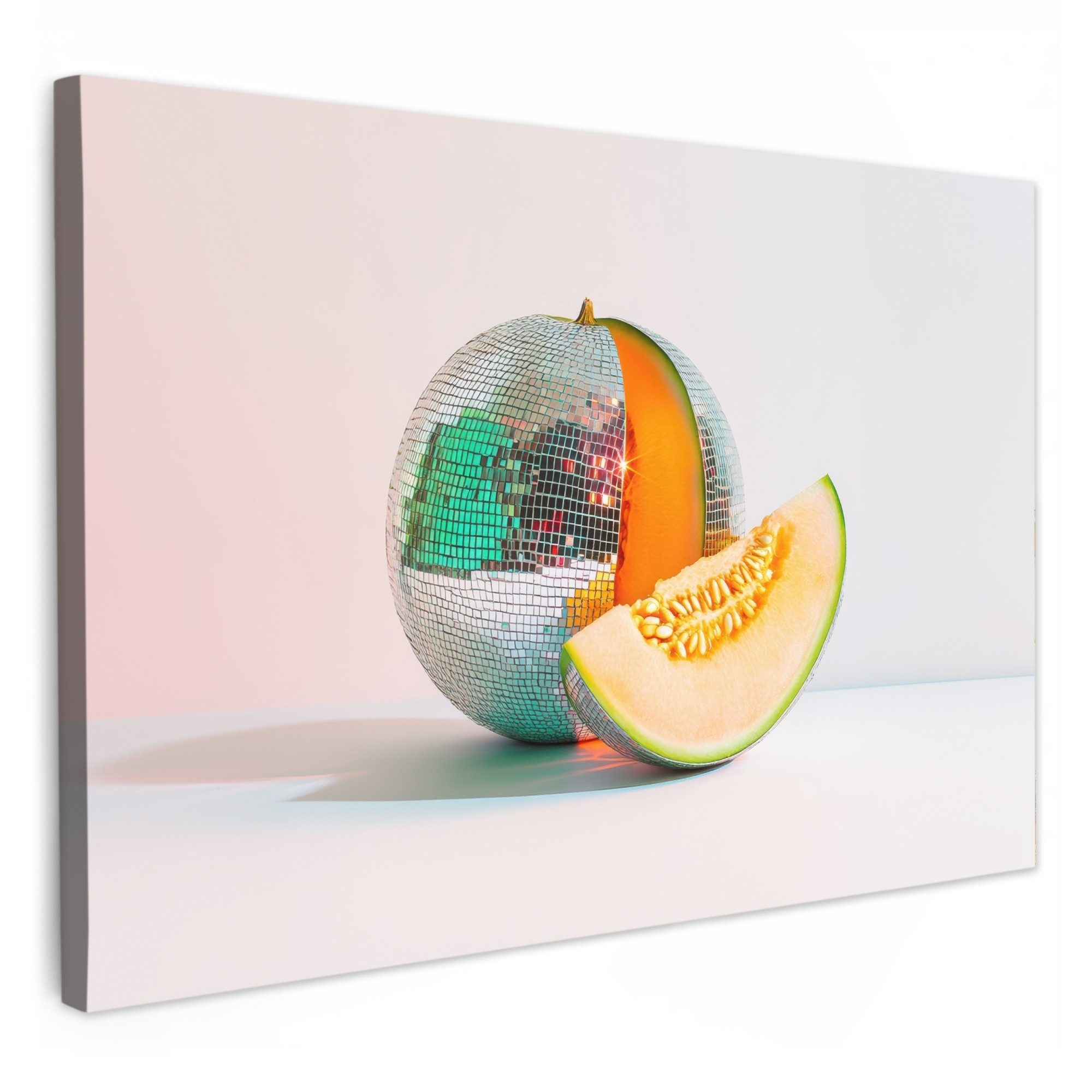 OneMillionCanvasses® Leinwandbild Disco - Discoball - Melone - Pastell, Fotodruck (1 St), Küchenbilder Modern, Deko Bilder für die Küche 30x20 cm