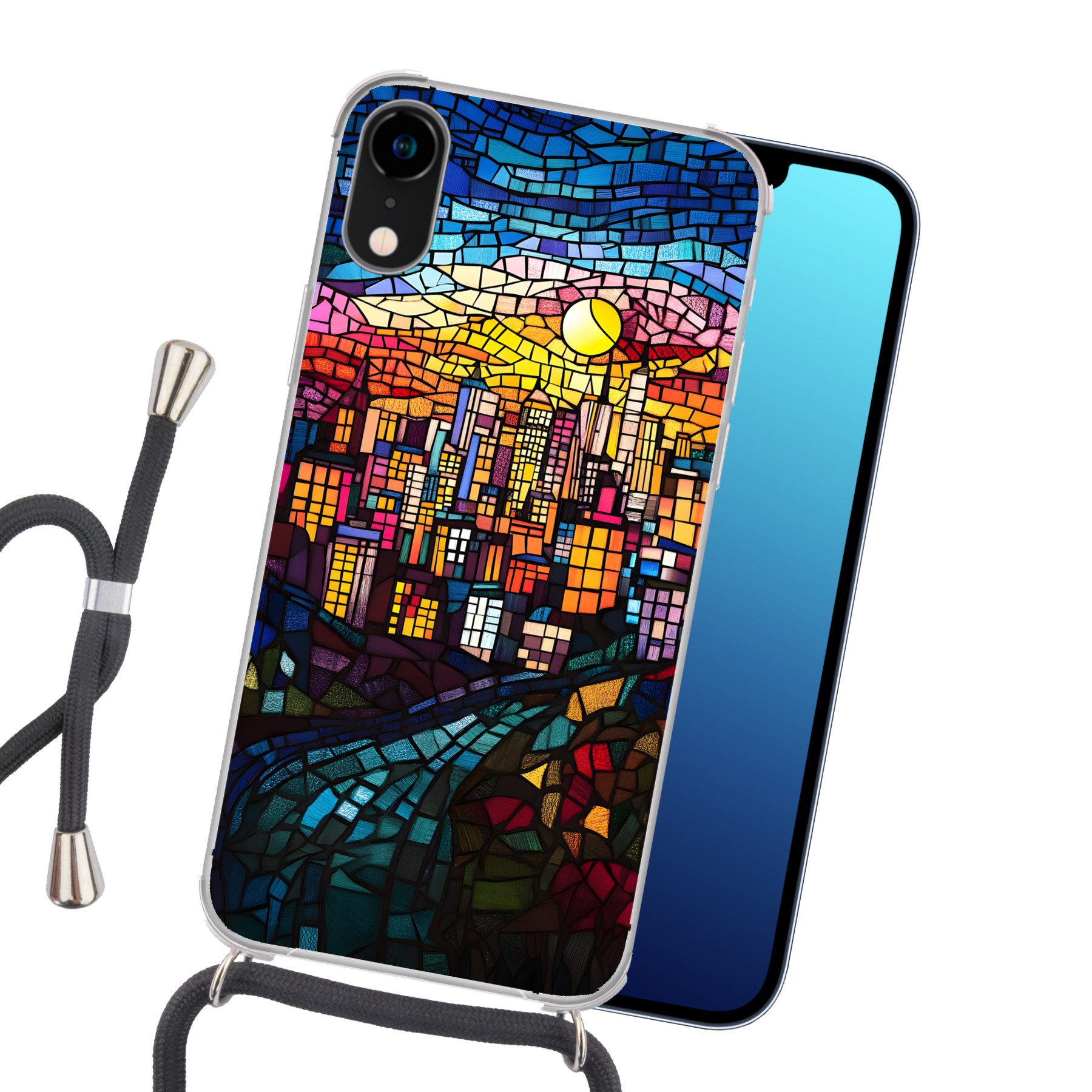 MuchoWow Handyhülle für Apple iPhone XR Stadt - Mond - Mosaik - Farbenfroh, Tragbare Handyhüllen mit Kette zum umhängen, Handykette Handyband