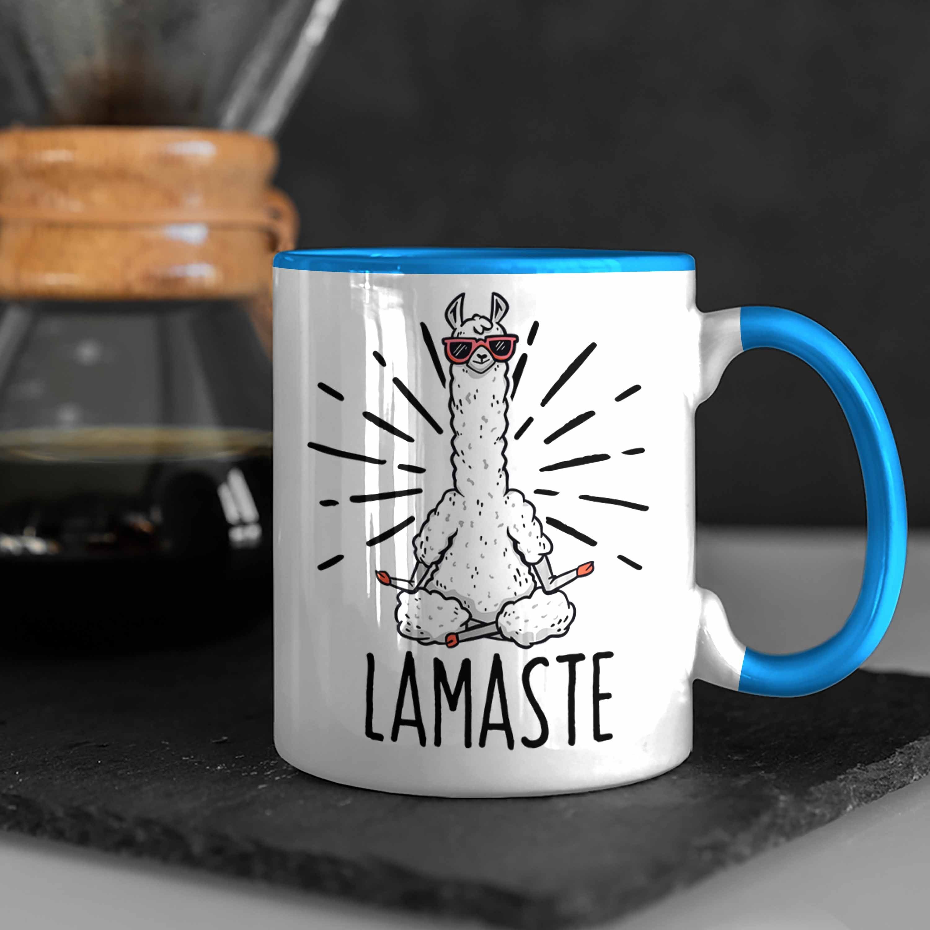 Trendation Tasse Llama Meditations-Tasse Geschenk für Blau Meditieren Meditationsliebhaber