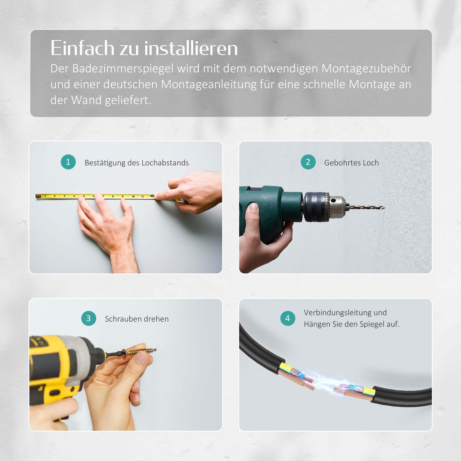 EMKE Badspiegel Wandschalter LED Wandspiegel mit Beleuchtung (Wandschalter Steurung), 6500 K Kaltweiß, per Wandschalter, ohne Antibeschlag, IP44 – Bild 4 von 5