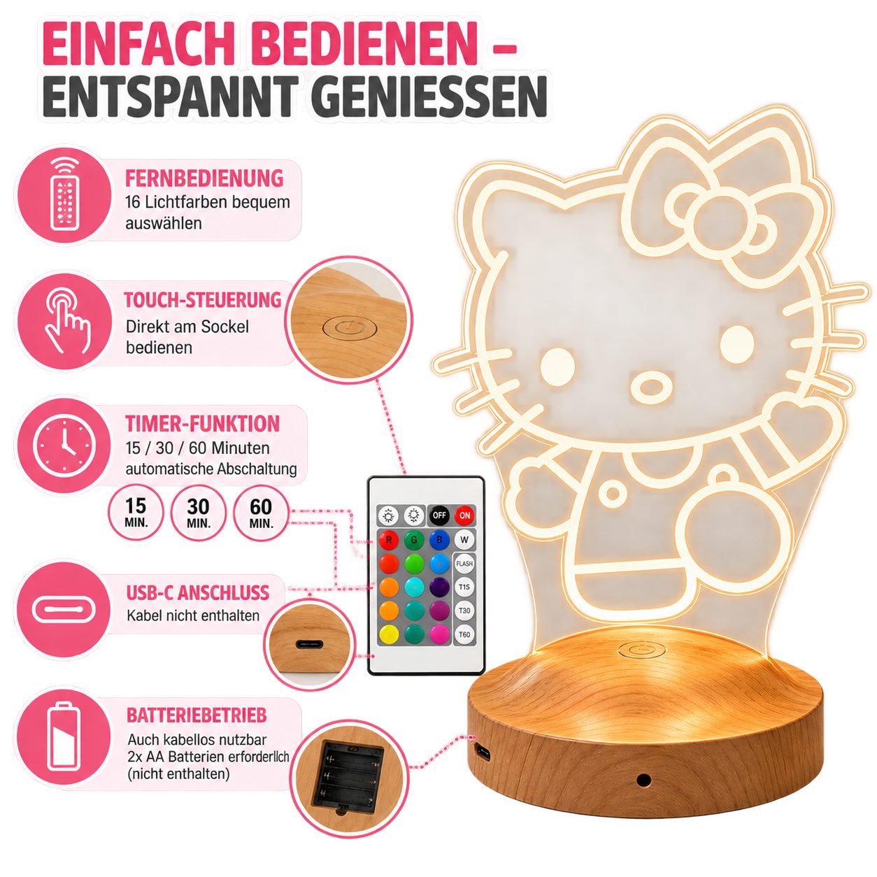 Geschenkelampe LED Nachttischlampe Süße Kitty 3D Nachtlampe Geschenk für Mädchen Kinderzimmer Deko, Schlummerlicht, Mit Fernbedienung & 16 Farben – Bild 5 von 5