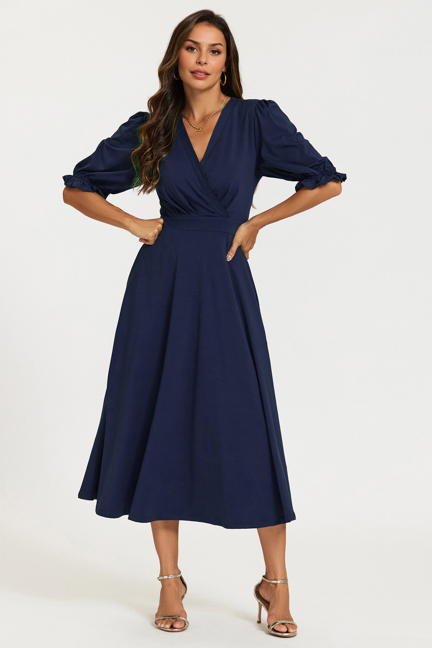 FS Collection Wickelkleid Midikleid Wickeloptik Sommerkleid mit Puffärmeln und V-Ausschnitt (Größen: XS (EU:36 / UK:8) · S (EU:38 / UK:10) · M (EU:40 / UK:12) · L (EU:42 / UK:14) · XL (EU:44 / UK:16), 2 Farben: Schwarz und Marineblau) Wickeloptik, geraffte Taille, Seitentaschen, fließender Rock