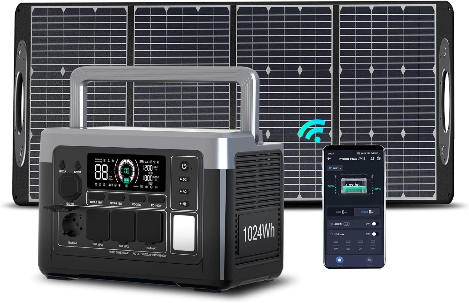 Stromerzeuger Solargenerator 1200W, 1024Wh Tragbarer Powerstation mit Solarpanel