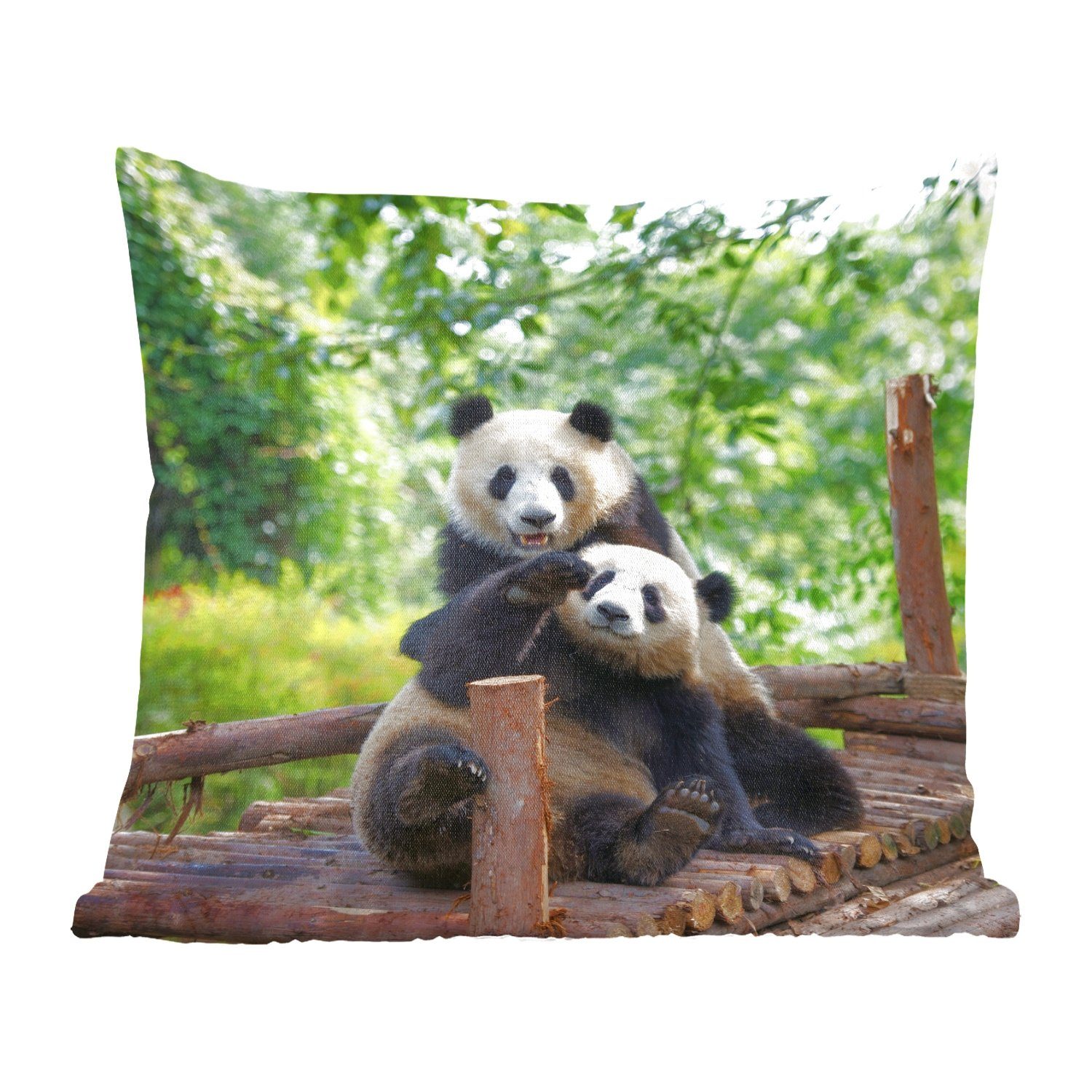 MuchoWow Dekokissen Bären - Panda - Holz, Zierkissen mit Füllung für Wohzimmer, Schlafzimmer, Deko, Sofakissen