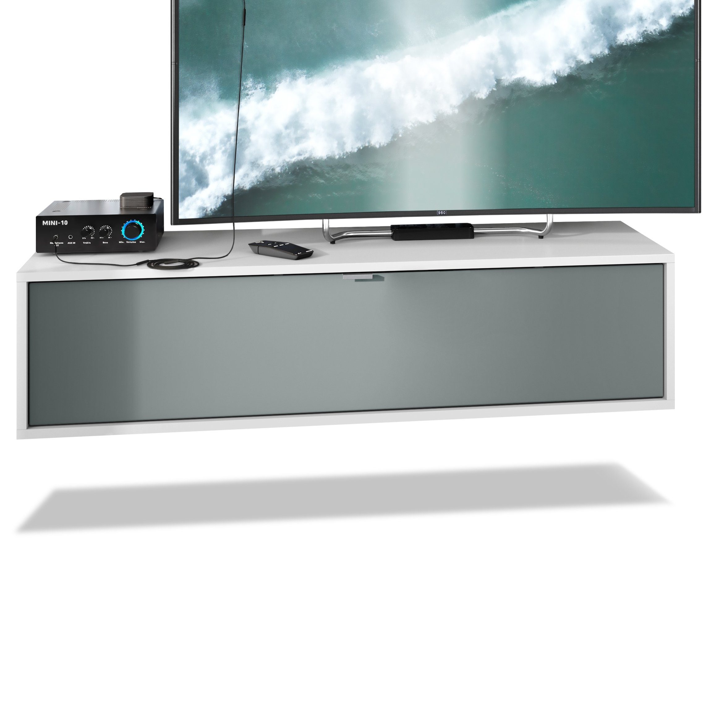 Vladon Lowboard Lana 1200 (TV-Kommode, mit Klappe dahinter 3 Fächer), Weiß matt/Graphit Seidenmatt (120 x 29 x 37 cm)