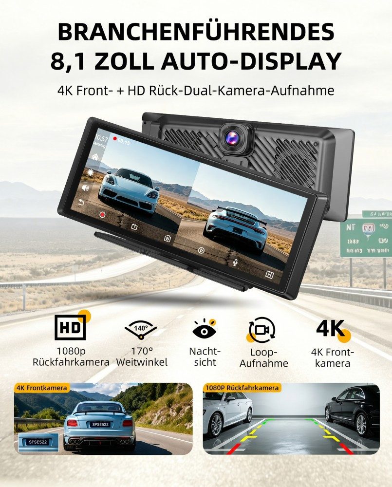 ESSGOO 8,1 Zoll 4K+1080P Carplay Android Auto BT Dashcam Autoradio Dashcam (HD, Tragbar Autoradio Rückfahrkamera IPS Touchscreen GPS Navi FM AUX)