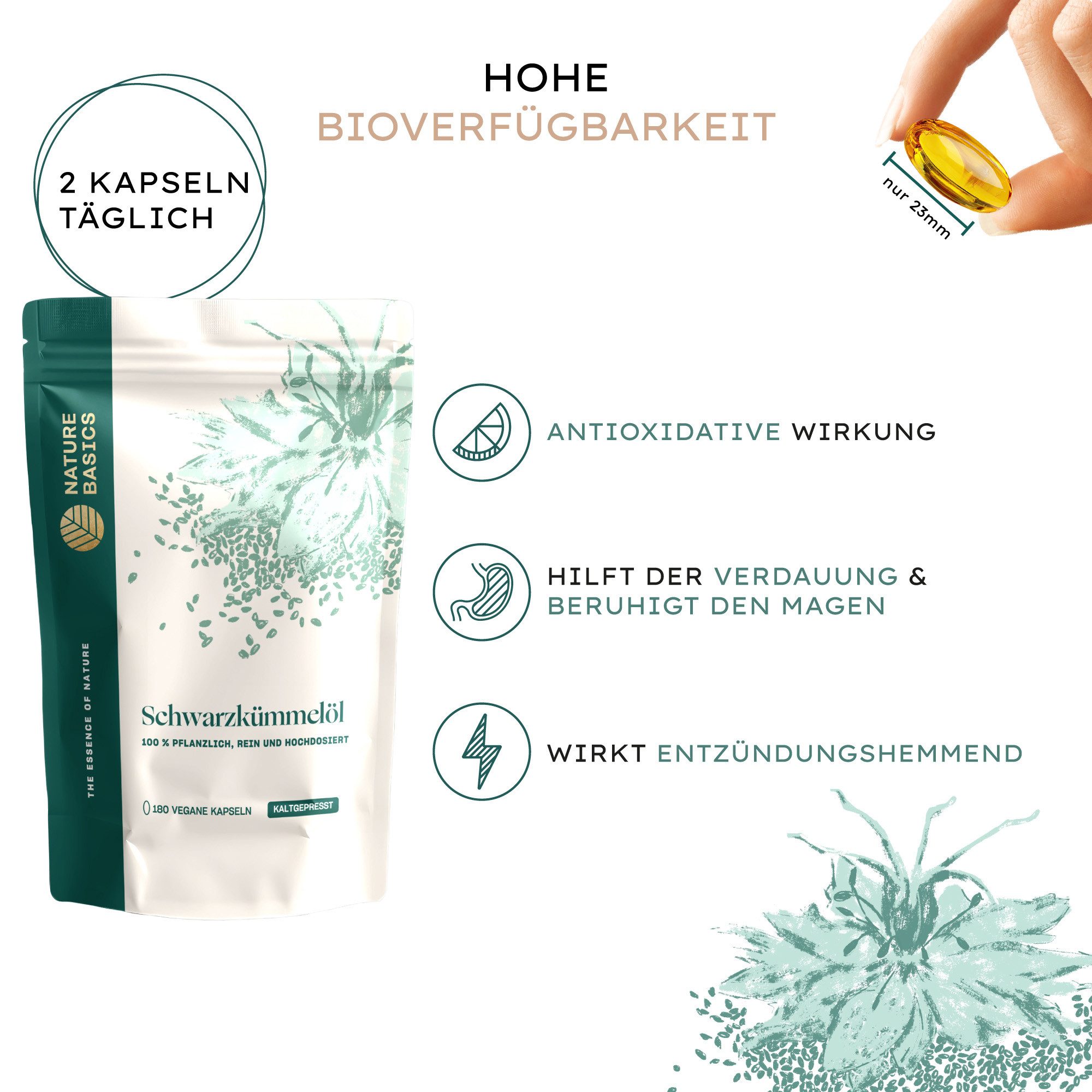 Nature Basics Hochwertiges 500mg Schwarzkümmelöl 250mg Linolsäure Vegan 180 Kapseln, 180 St., 180 g
