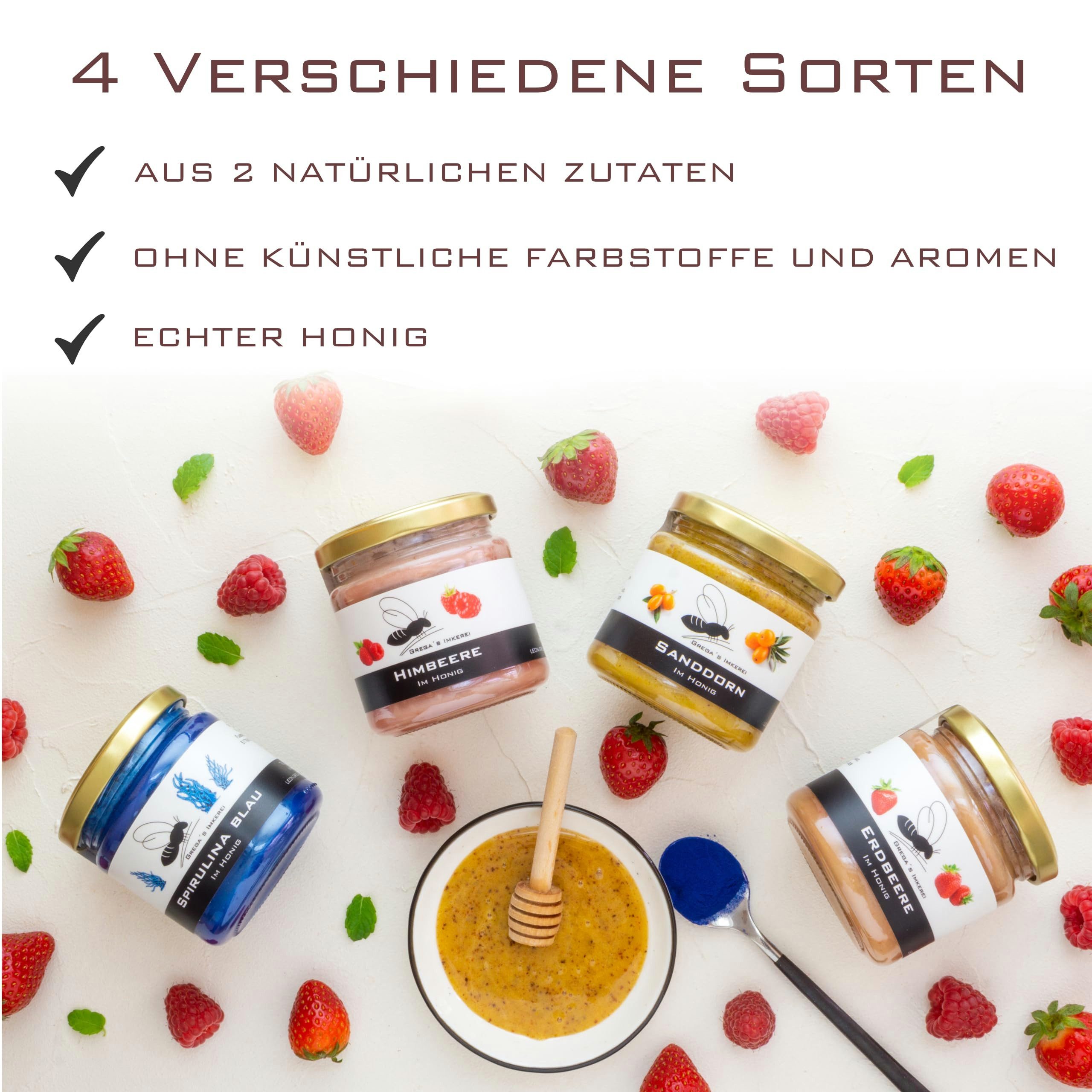 Grega´s Imkerei Honig 4er Box – Honigsüßer Brotaufstrich, 4 x 250 g, (perfektes Probier- & Geschenkset), 4 Gläser mit Erdbeere Himbeere Sanddorn sowie Spirulina Blau im Honig