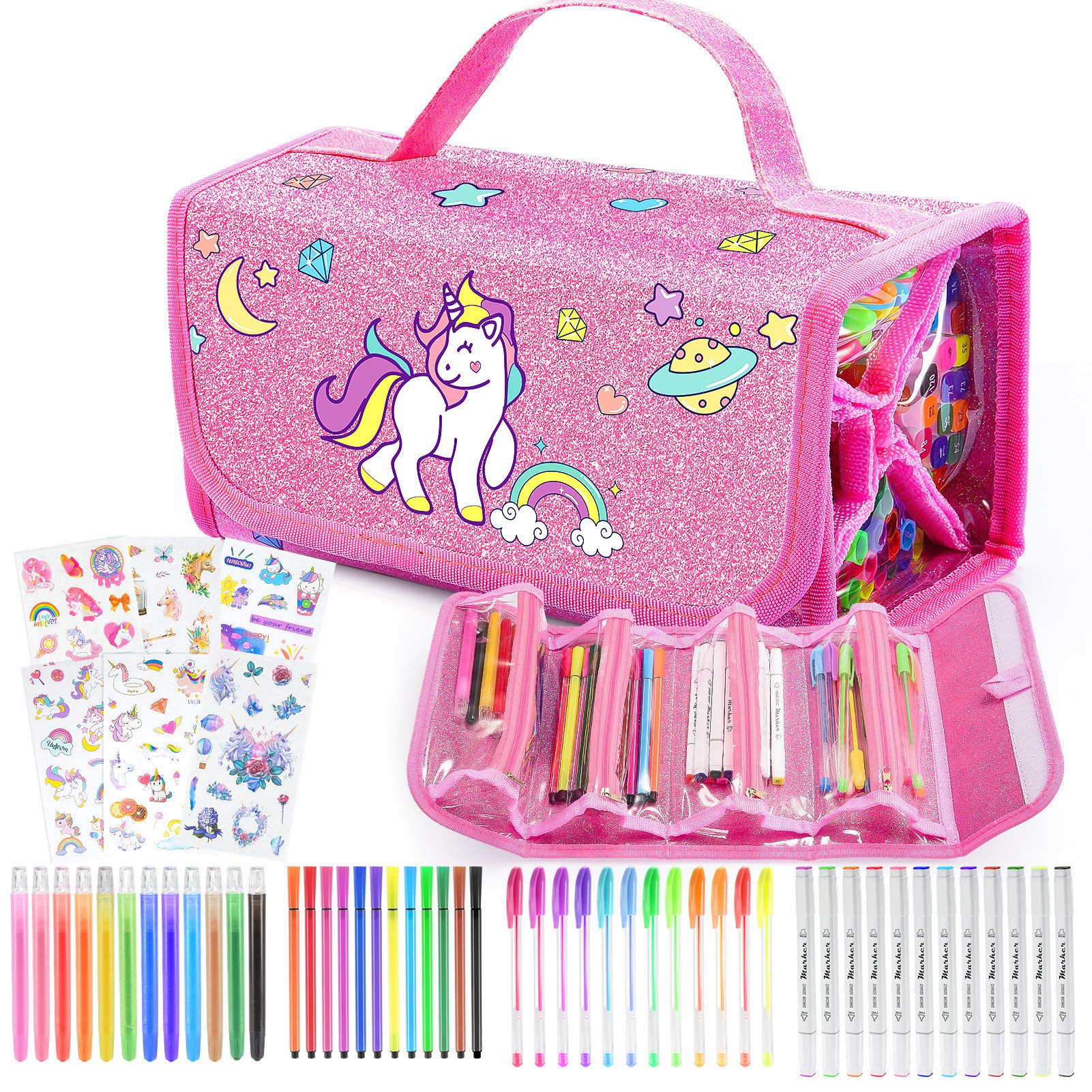Wootoy Buntstift Einhorn Malset mit Federmäppchen 54-teiliges Kreativset Glitzerstiften, (Federmäppchen mit 4 Reißverschlussfächern und Tragegriff, 54-tlg., mit Filzstiften Wachsmalstiften Aquarellbuntstiften Einhorn-Stickern), attraktives Geschenk für kl
