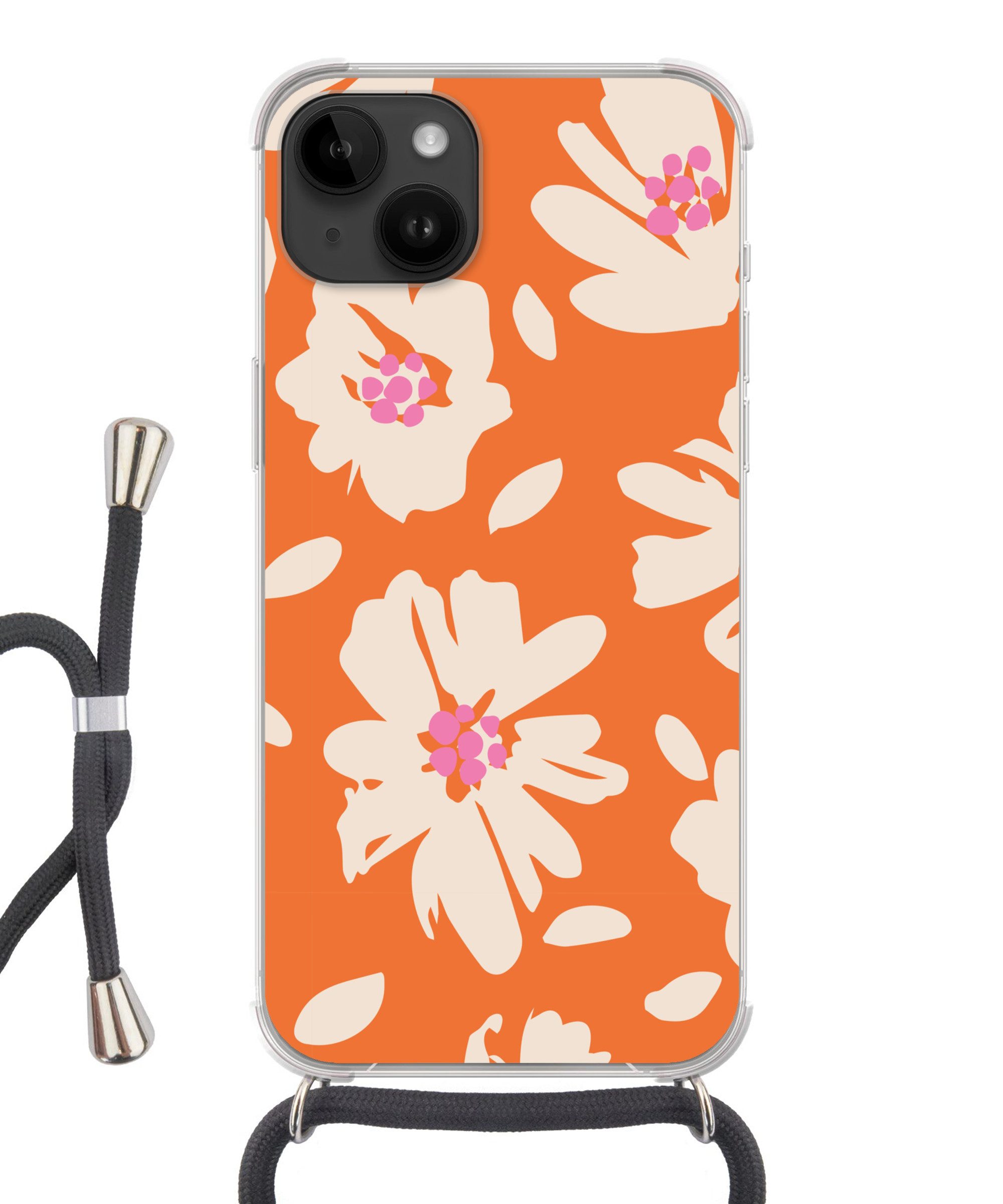 MuchoWow Handyhülle für Apple iPhone 14 Blumen - Orange - Beige - Rosa - Abstrakt, Tragbare Handyhüllen mit Kette zum umhängen, Handykette Handyband