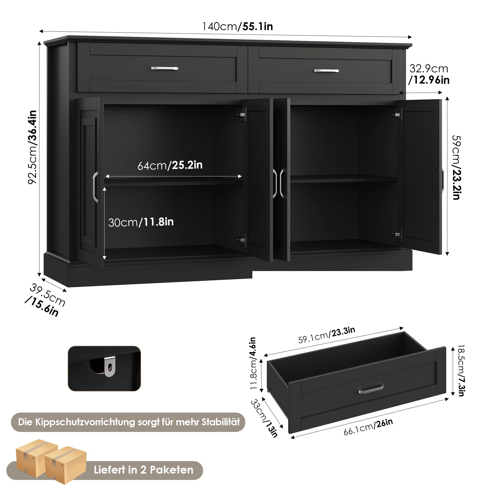 Homfa Sideboard Breite 140cm Küchenschrank Buffetschrank, günstig online kaufen