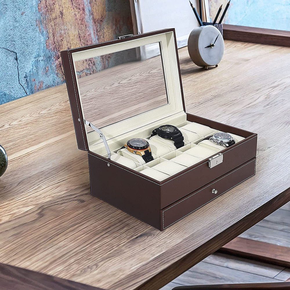 Schlüssel Braun Uhrenbox 2-Etagen, Schmuck 12 Fächer, Uhren, Gläser, und Rosnek für mit Schloss und