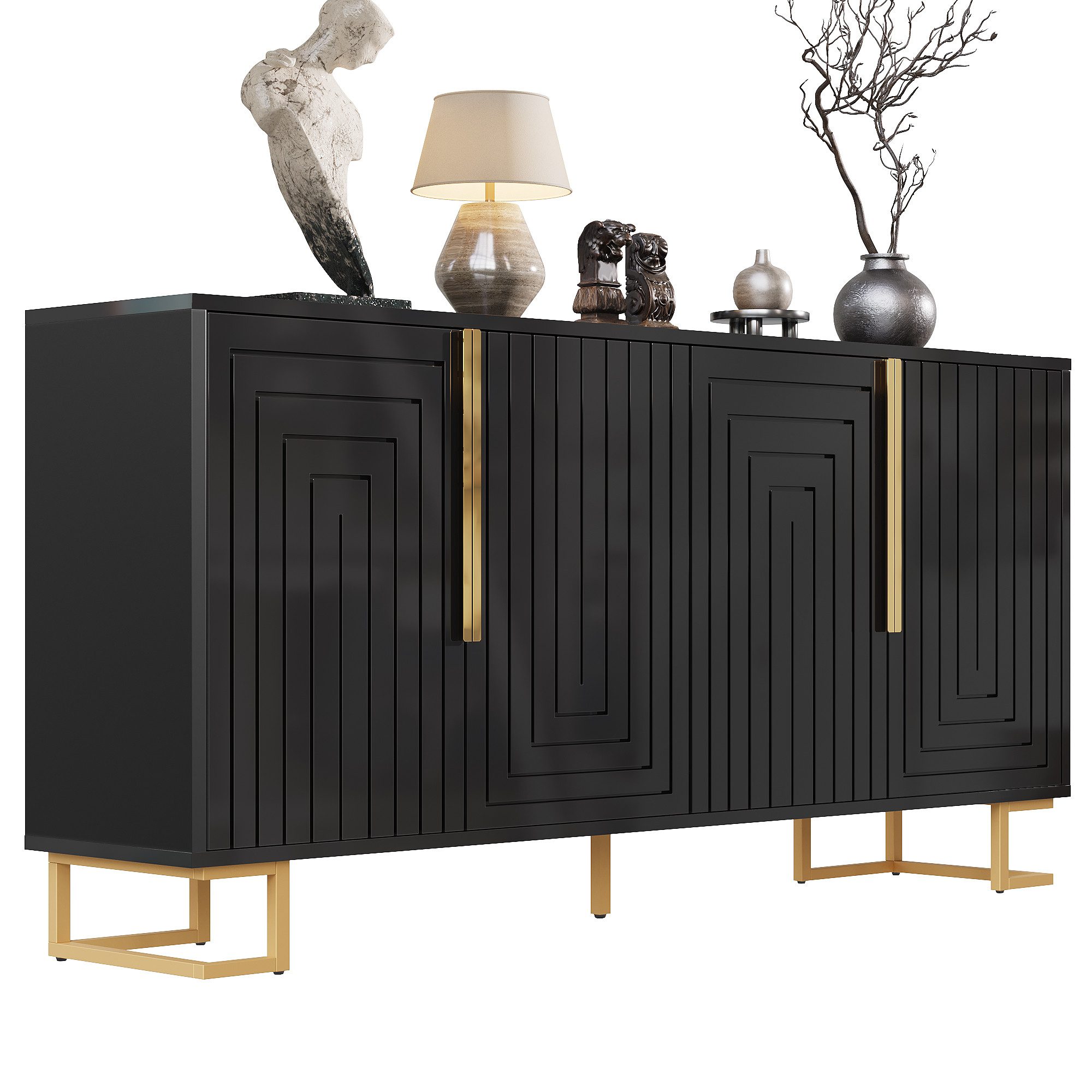 i@home Sideboard Kommode, mit goldene Griffe und Füße, 4 Fächer, Holz, 152 x 40 x 75 cm (1 St), Mit goldene Griffe und Füße, weiß/schwarz