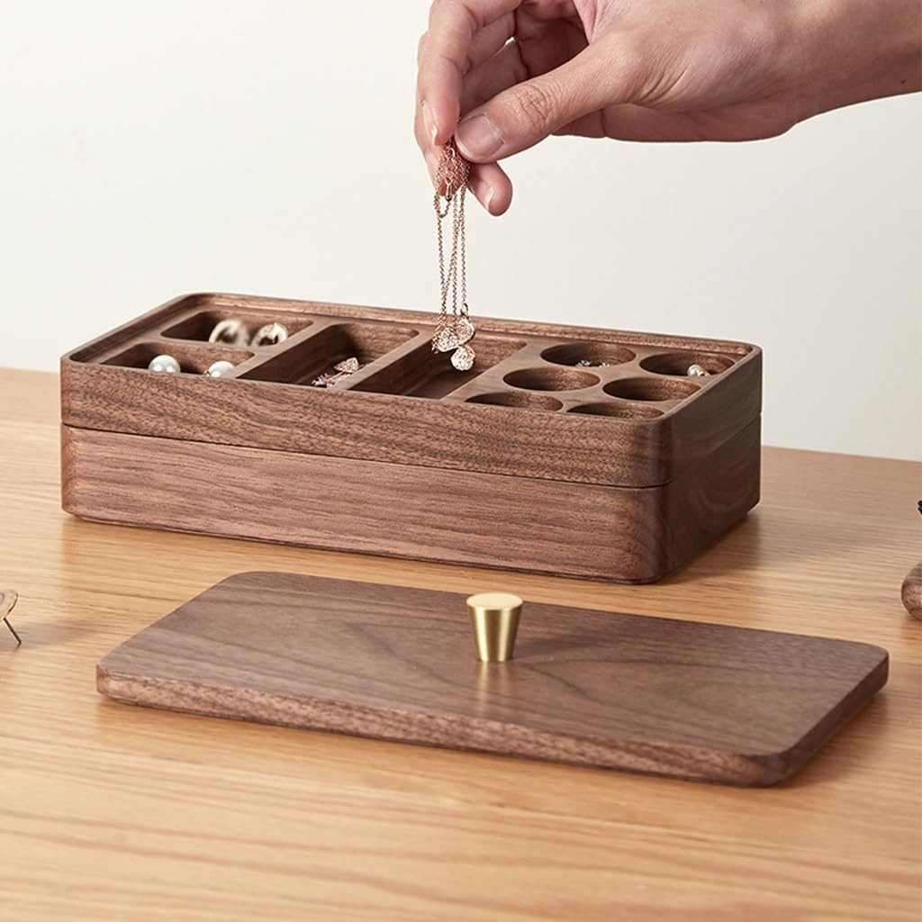 BlingBin Aufbewahrungsbox 2 Ebenen Schmuckaufbewahrung mit Deckel, Holz Schmuckkästchen (1er Set, 1 St., 19 x 10 x 7,5 cm), Doppellagig Massivholz Box für Halsketten, Uhren, Ringe, Ohrringe
