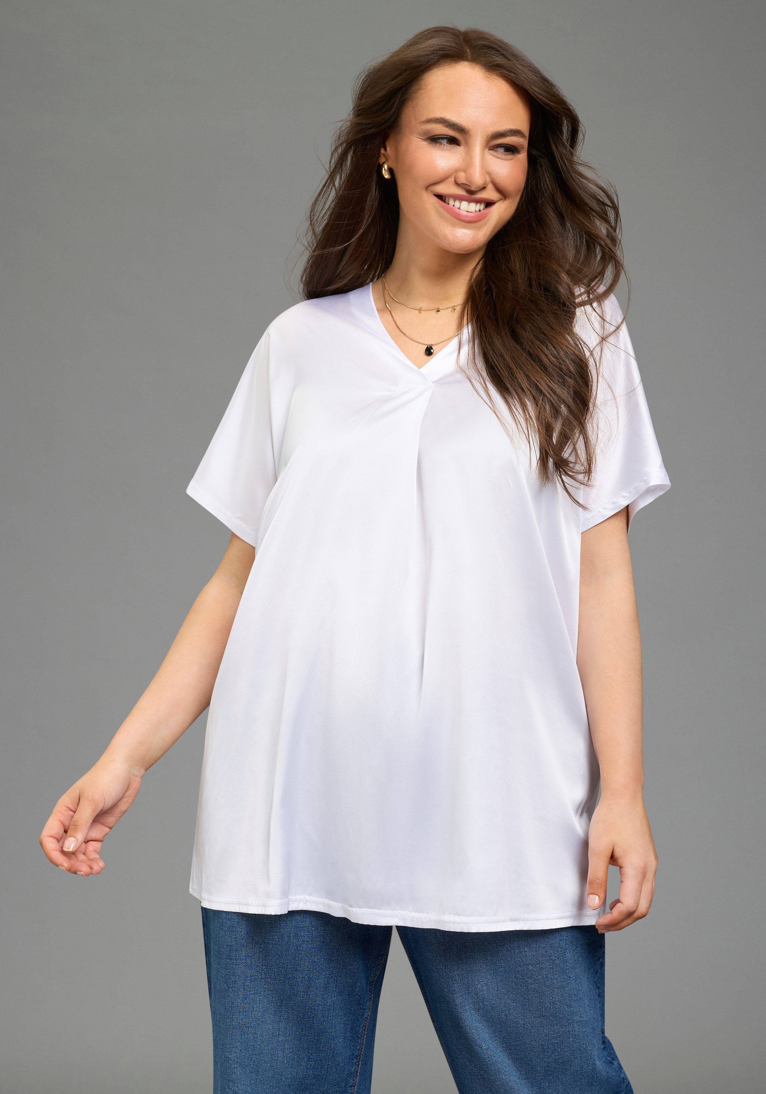 Laura Scott CURVE Satinbluse figurumspielende Passform, mit Falteneinsatz vorne, V-Ausschnitt