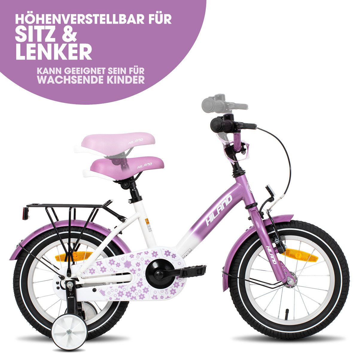 HILAND Kinderfahrrad Starry 12/14/16 Zoll Mädchenfahrrad, 1 Gang, Mit Handbremse, Rücktrittbremse, Gepäckträger, Kotflügel, Hilfsrad
