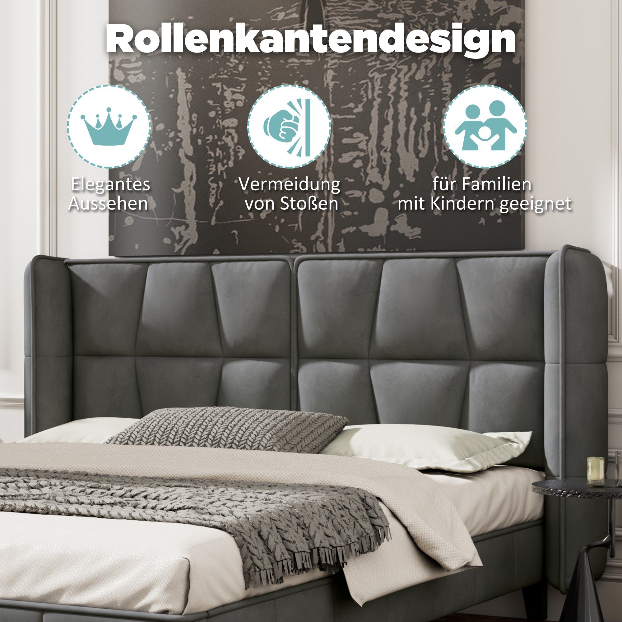 BlingBin Polsterbett Doppelbett Jugentbett Samt grau günstig online kaufen