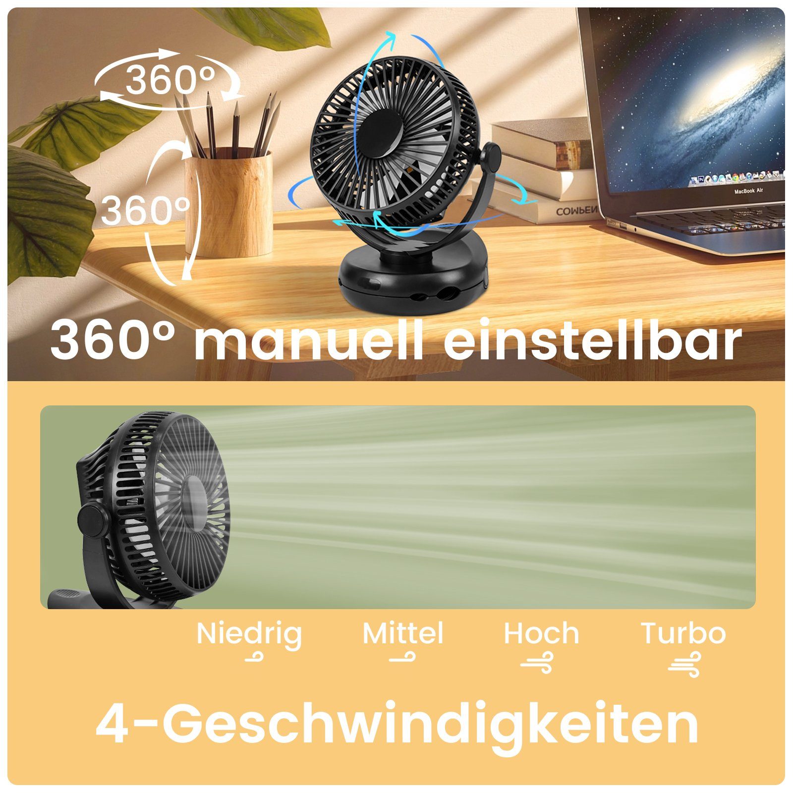 LED Licht Akku 10000mAh Mini Leise & 3 mit Drehung Clip 360° In Schwarz, 1 4 USB-Ventilator Fan Nettlife Geschwindigkeiten