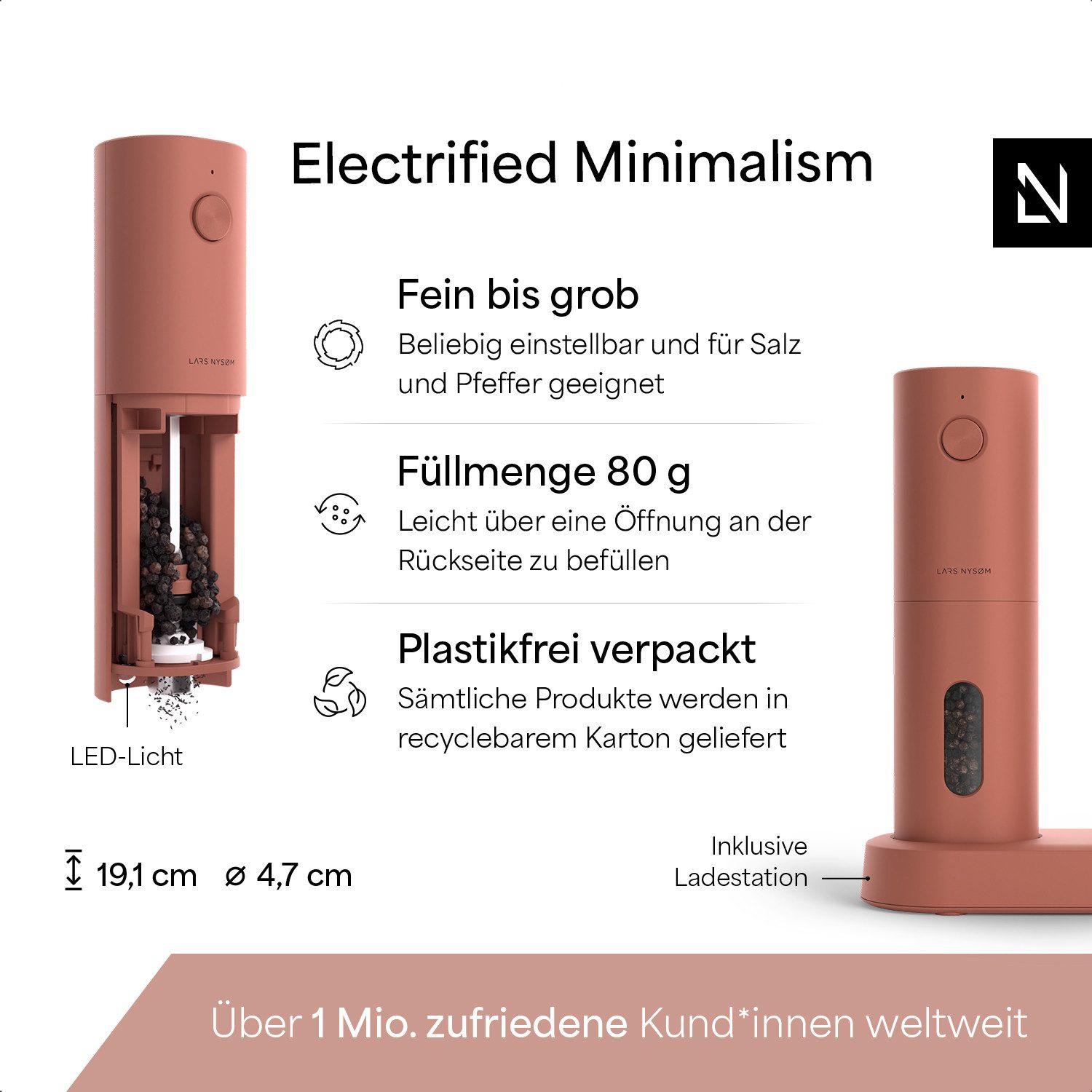 LARS NYSØM Gewürzmühle Spænding praktische Einhandbedienung per Drucktaste, (2 Stück), elektrische Salz- & Pfeffermühle mit eingebautem LED-Licht – Bild 4 von 5