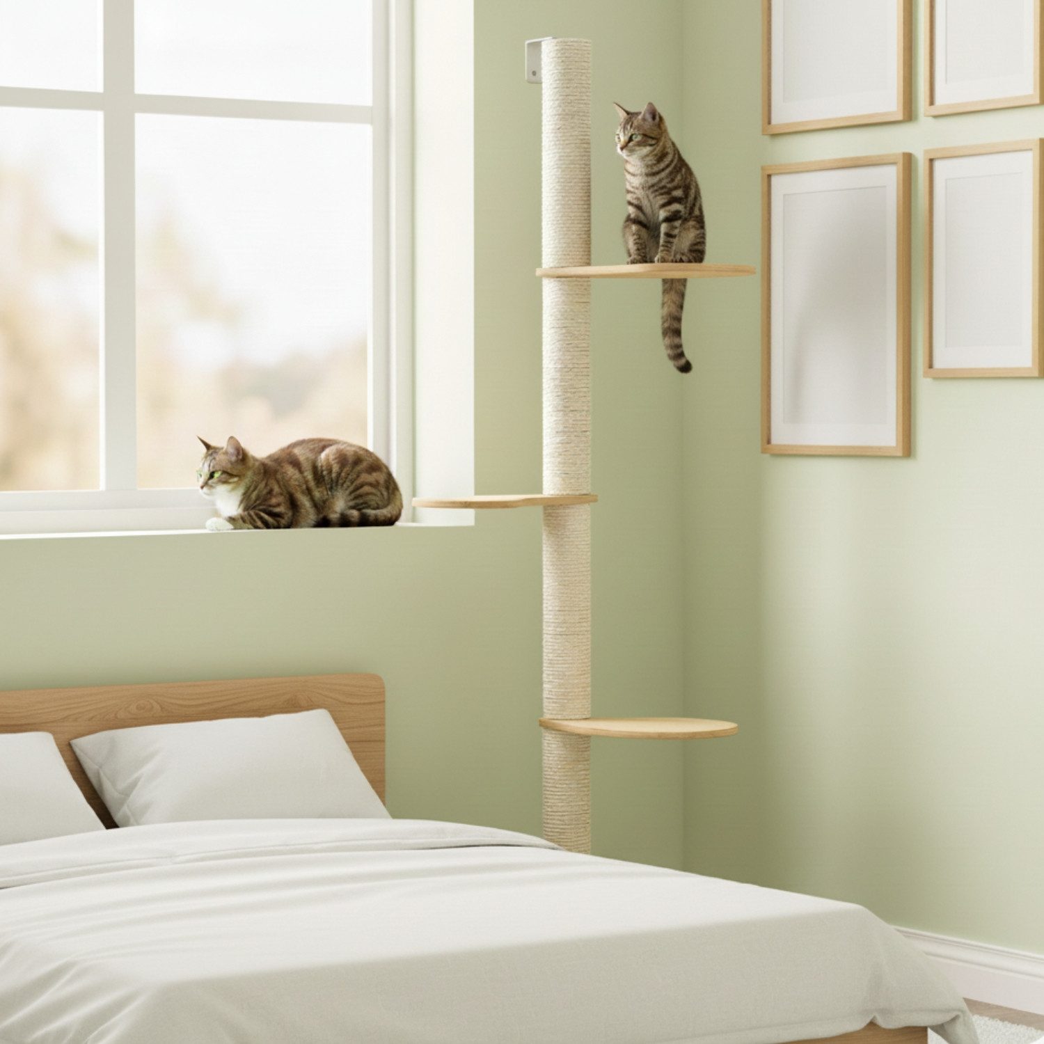 eyepower Kratzbaum zur Wandmontage-170 cm Wandkratzbaum für Katzen mit 3 Bambus Plateaus, Sistammstamm Wand - Katzenkratzbaum platzsparend - Kletterwand Katze